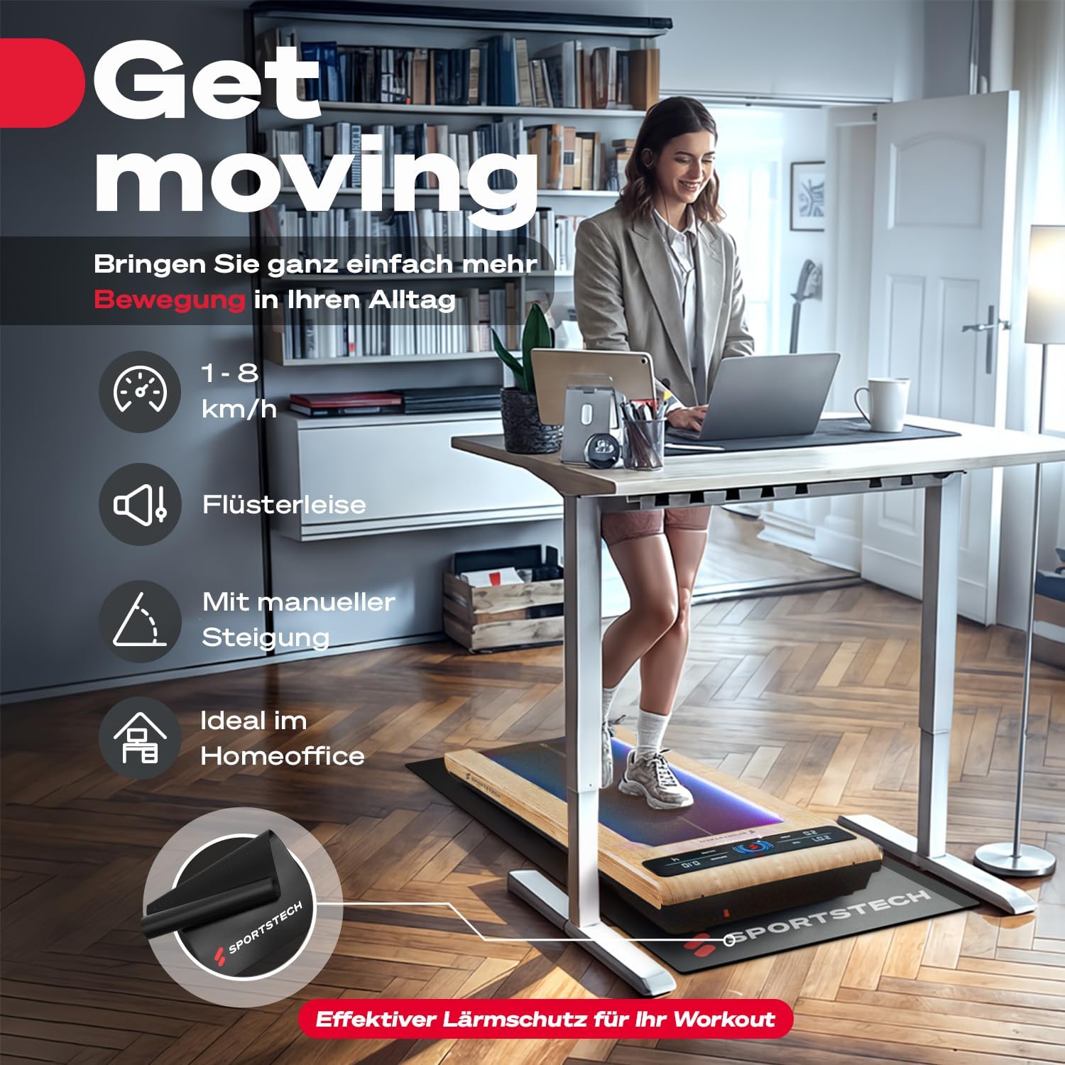 Sportstech Walking Pad mit Steigung, 150 kg belastbar, 8 km/h, Under Desk, Laufband für Zuhause Schreibtisch mit LED-Beleuchtung, fürs Home Office, Schrittzähler, bis 8 km/h, Treadmill, sWalk – Bild 2
