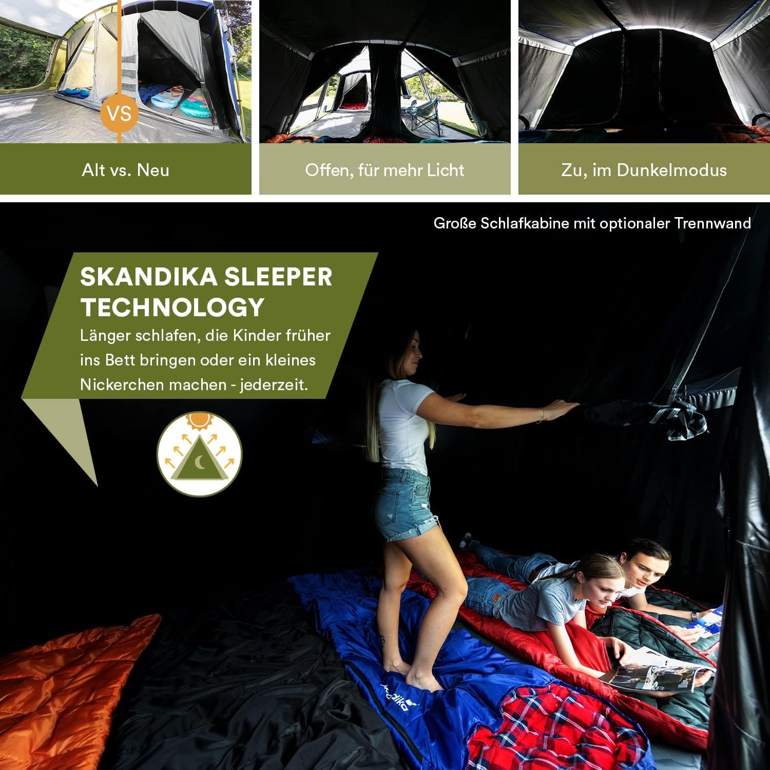 Skandika Tunnelzelt Montana 8 Personen | Camping Zelt mit/ohne eingenähten Zeltboden, mit/ohne Sleeper Technologie, 3-4 Schlafkabinen, 5000 mm Wassersäule, Moskitonetze | großes Familienzelt – Bild 3
