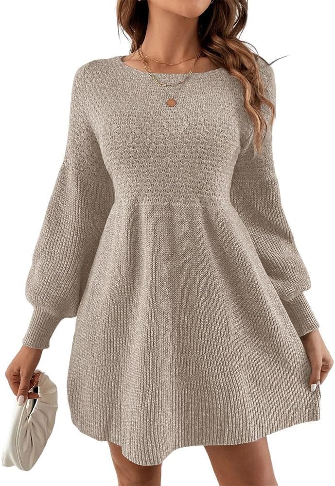 Saodimallsu Damen Rundhals Strickkleid Puffärmel A-Linie – Bild 2