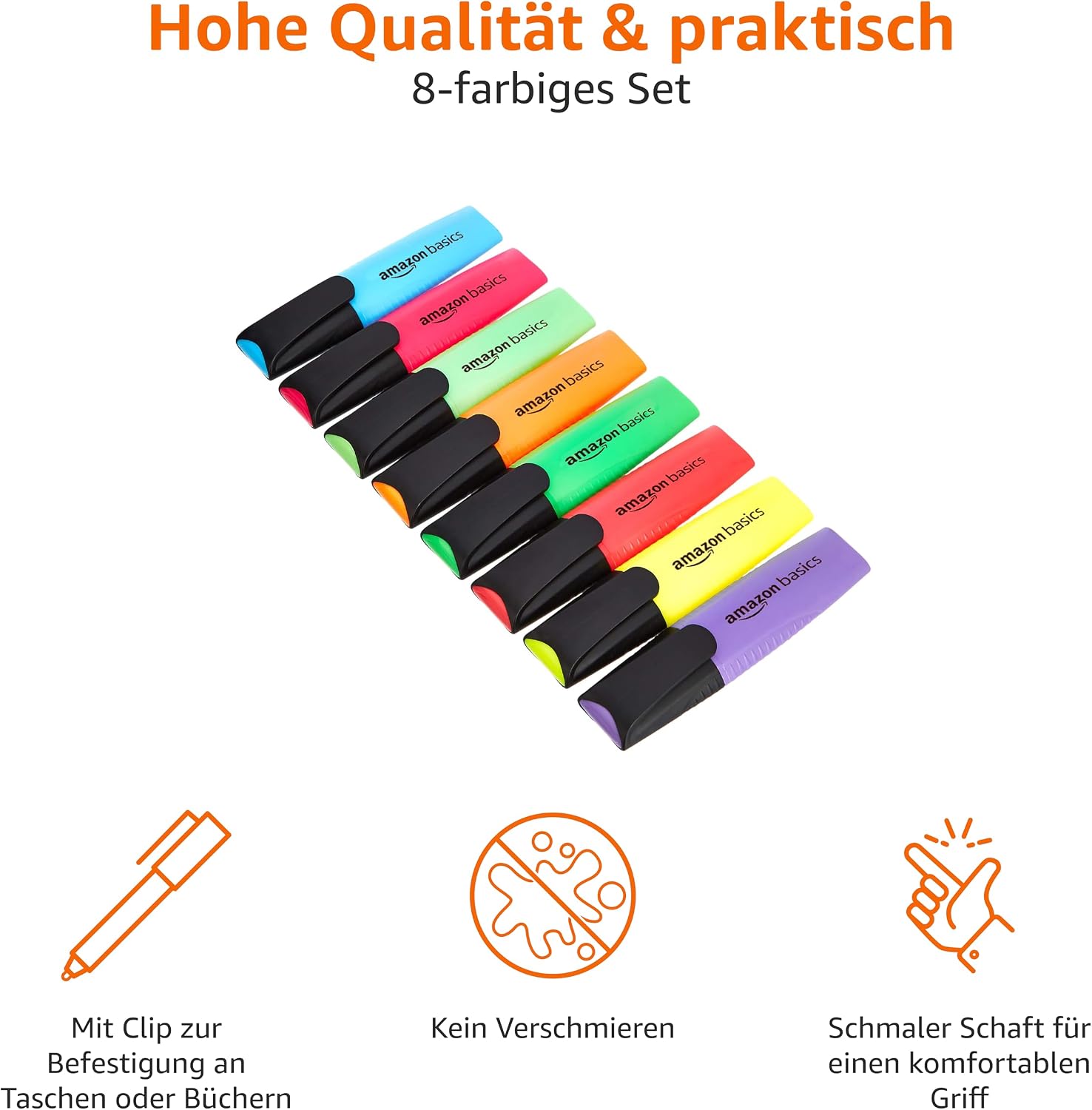 Amazon Basics Textmarker-Set, 8er-Pack, Wischfest, Meißelspitze 2–5mm, Mehrfarbig – Bild 3