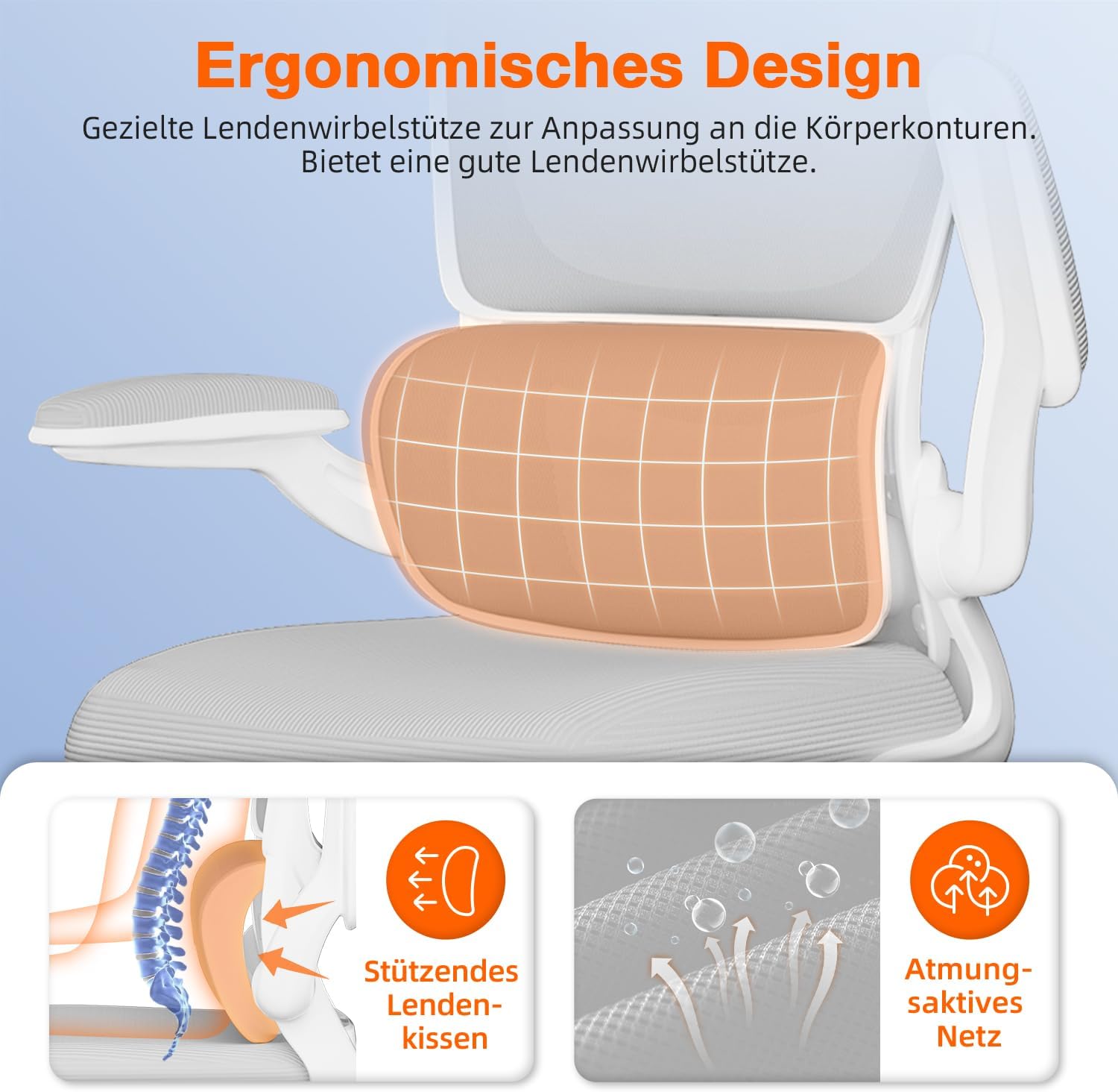 Bürostuhl, Bürostuhl Ergonomisch mit Klappbaren Armlehnen und Lendenwirbelstütze, Verstellbarer Kopfstütze, Wippfunktion bis 135°, Schreibtischstuhls 150 kg, Geeignet für Homeoffice und Gaming, Grau – Bild 3