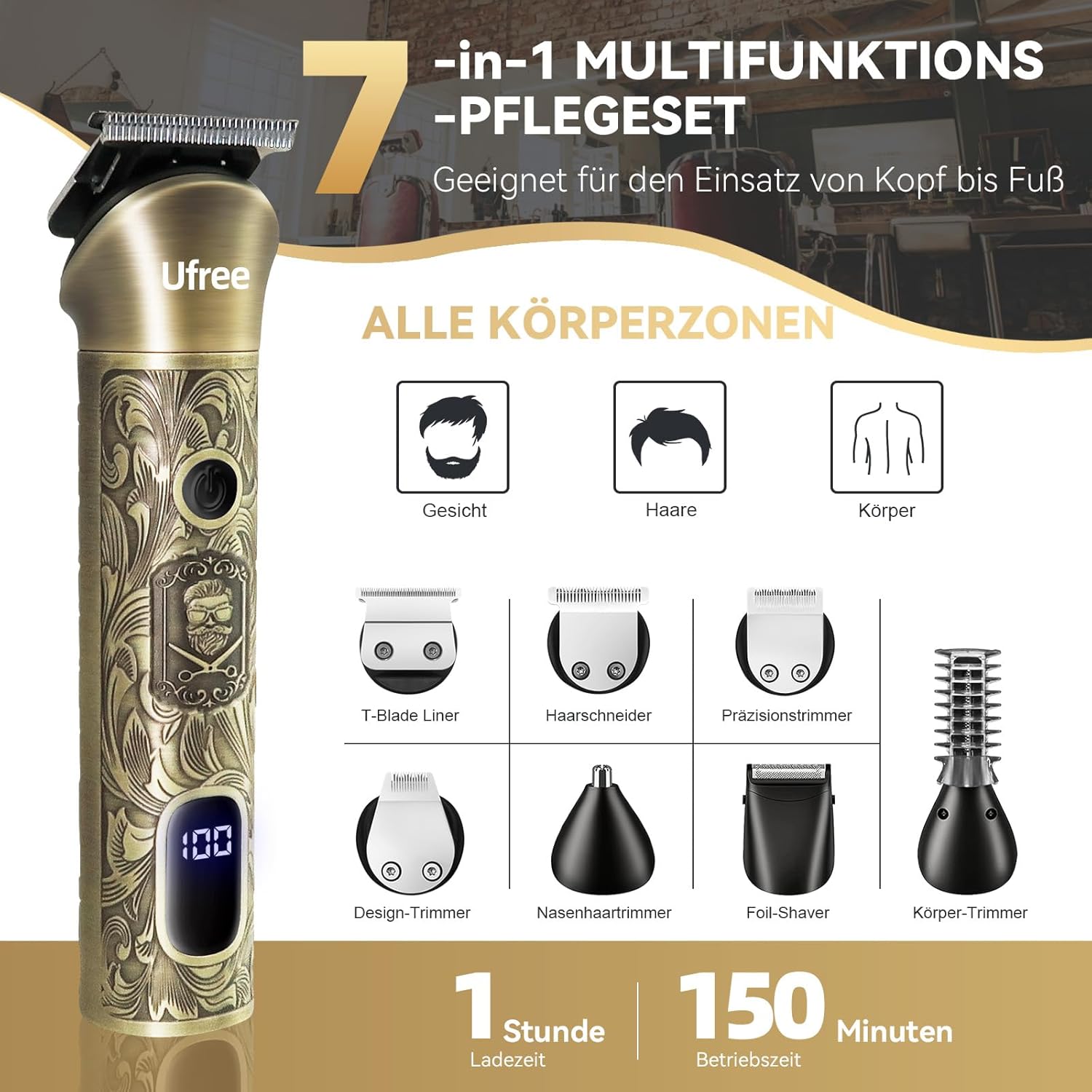 Ufree All-in-One Haarschneidemaschine, Profi Barttrimmer Haartrimmer Herren – Bild 2