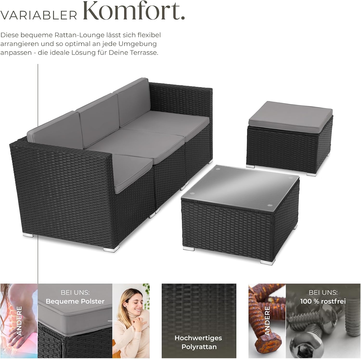 tectake® Poly Rattan Lounge, Outdoor Sitzgruppe, Set mit Sofa Sessel, Hocker, Tisch, frei kombinierbar, Sitzecke für 3-4 Personen, Möbel wetterfest für Garten Terrasse Balkon - schwarz – Bild 3
