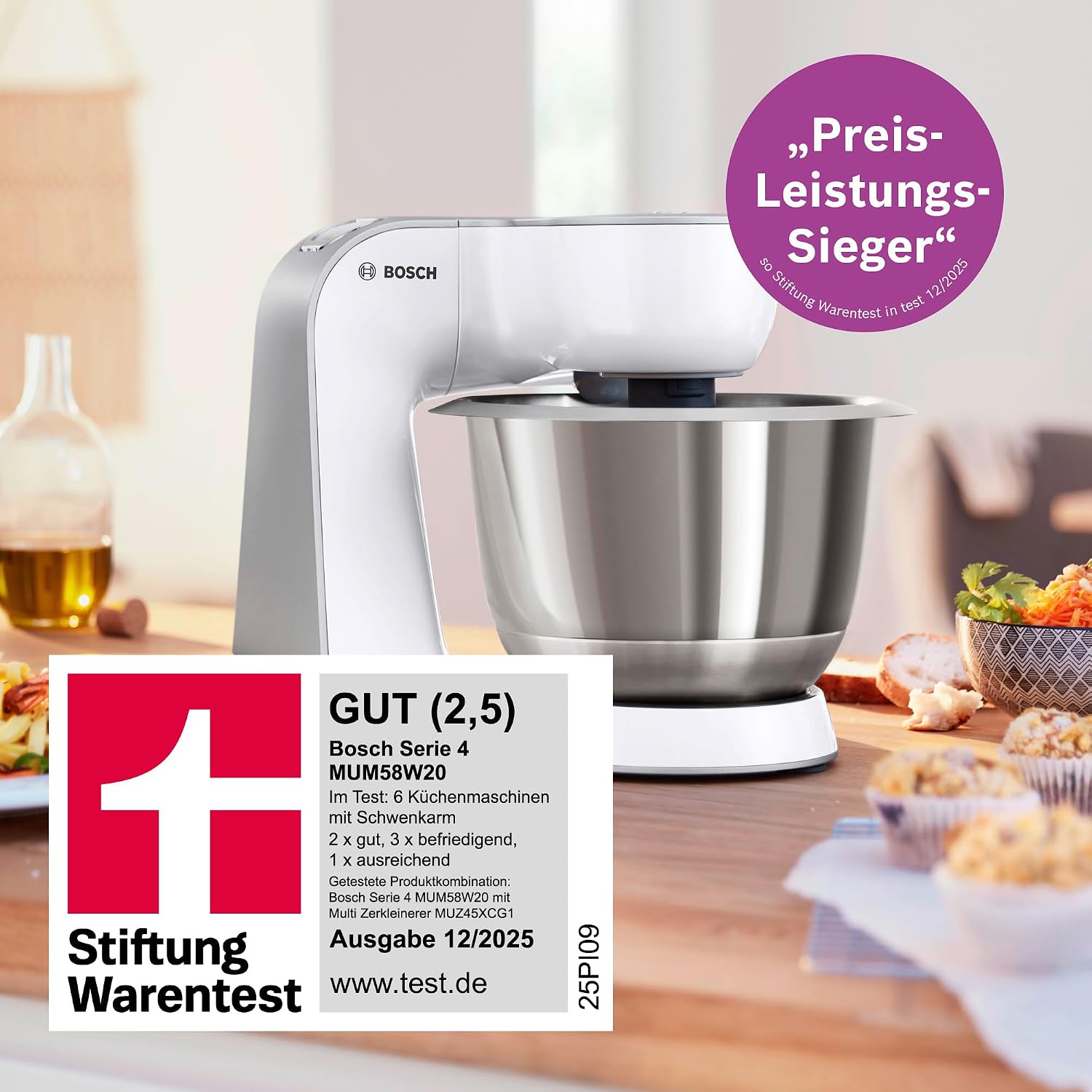 Bosch Küchenmaschine Serie 4, Edelstahl-Schüssel 3,9 L, Knethaken, Schlag- und Rührbesen Edelstahl spülmaschinenfest, Mixer 1,25 L, Durchlaufschnitzler, 3 Scheiben, 1000 W, Weiß, MUM58W20 – Bild 4