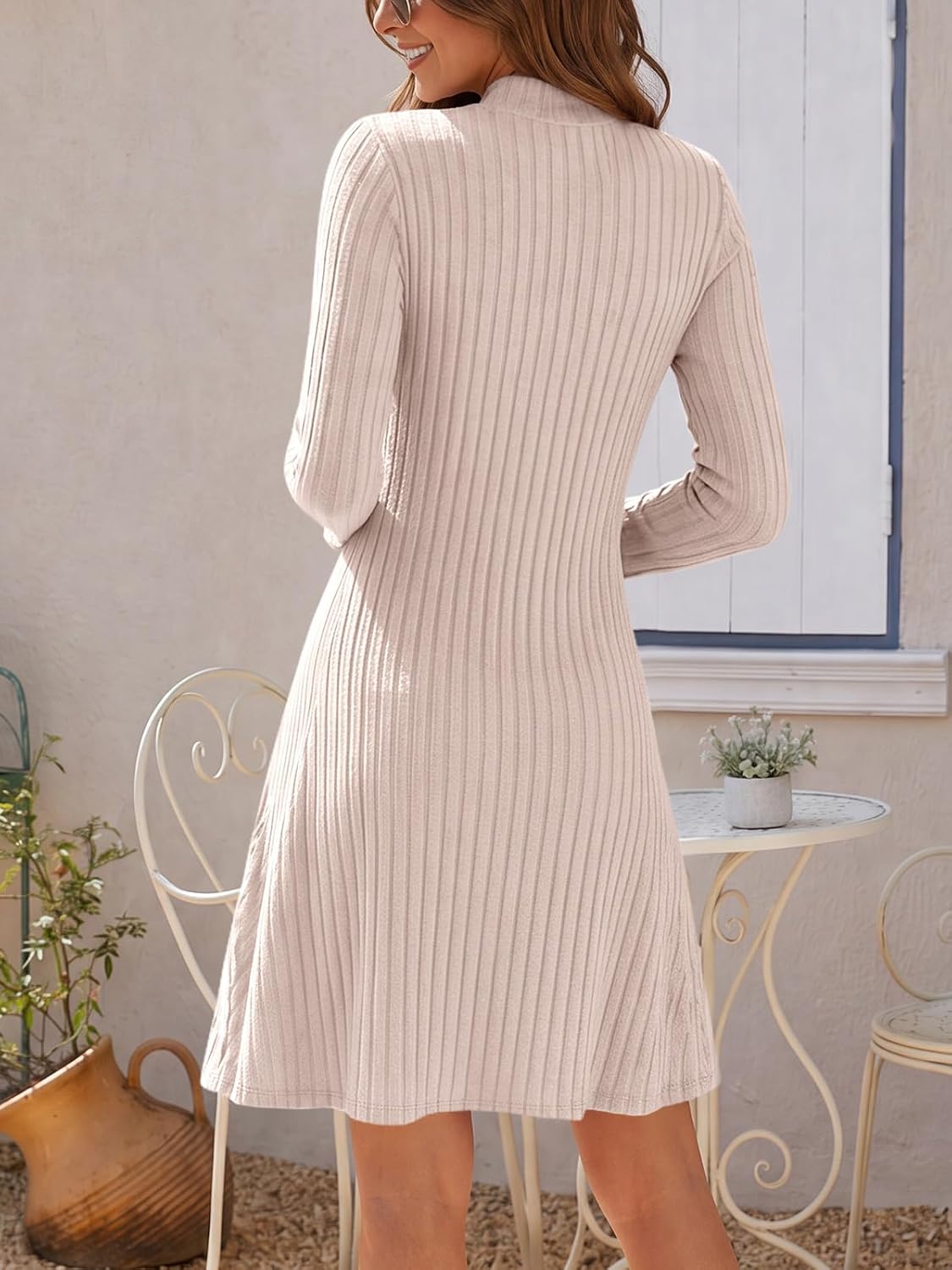 Saodimallsu Damen Strickkleid Halbhals Geripptes Pulloverkleid – Bild 4