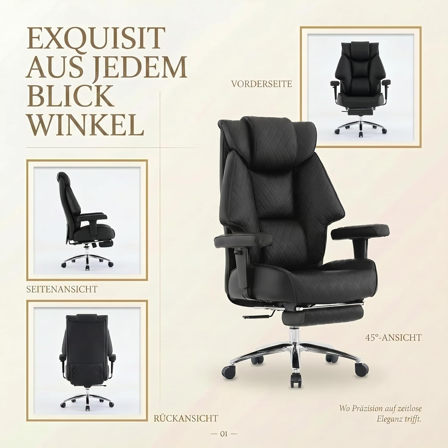 EXCEBET XXL Chefsessel bis 180kg Belastbar, Ergonomischer Bürostuhl mit Taschenfederkern, Breiter Drehstuhl für Schneidersitz, Dick Gepolstert, Hochlehner Managerstuhl mit Lendenwirbelstütze (Schwarz) – Bild 7