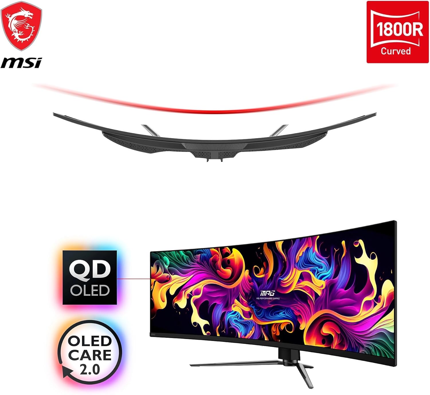 MSI MPG 491CQPA QD-OLED 49-Zoll-DQHD-Curved-Gaming-Monitor 1800R, 5120 x 1440 Quantum Dot OLED-Panel, 144 Hz / 0,03 ms, 99% DCI-P3, ΔE≤2, DisplayHDR True Black 400, KVM–DP 1.4a, HDMI 2.1, USB Typ C – Bild 2