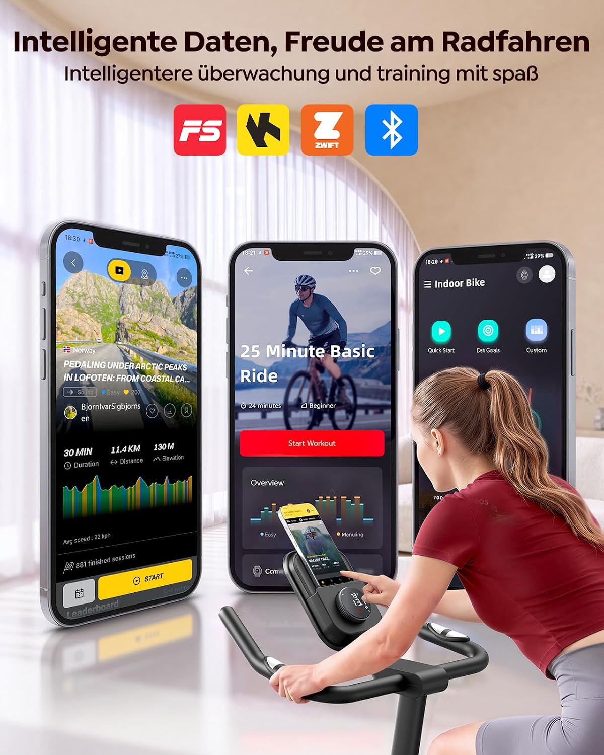 Heimtrainer Fahrrad mit LCD-TouchDisplay, App & Pulsmessung – Bild 2