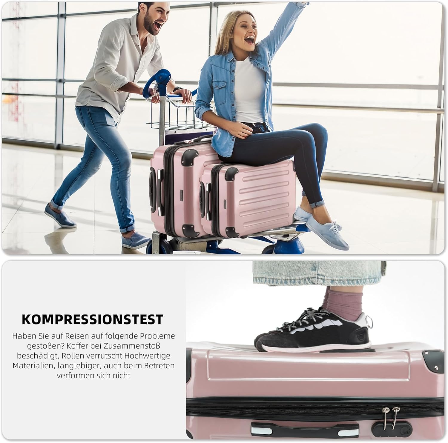 BEIBYE- 3er Kofferset Hartschalen-Koffer Reisekoffer Trolley Rollkoffer Set Reisekofferset (Rosa Gold) – Bild 5