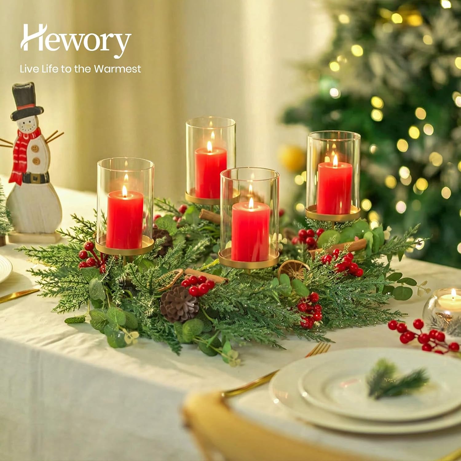 Hewory Adventskranz Kerzenhalter Gold mit Glaszylinder Deko 4er Set Ø8cm – Bild 2