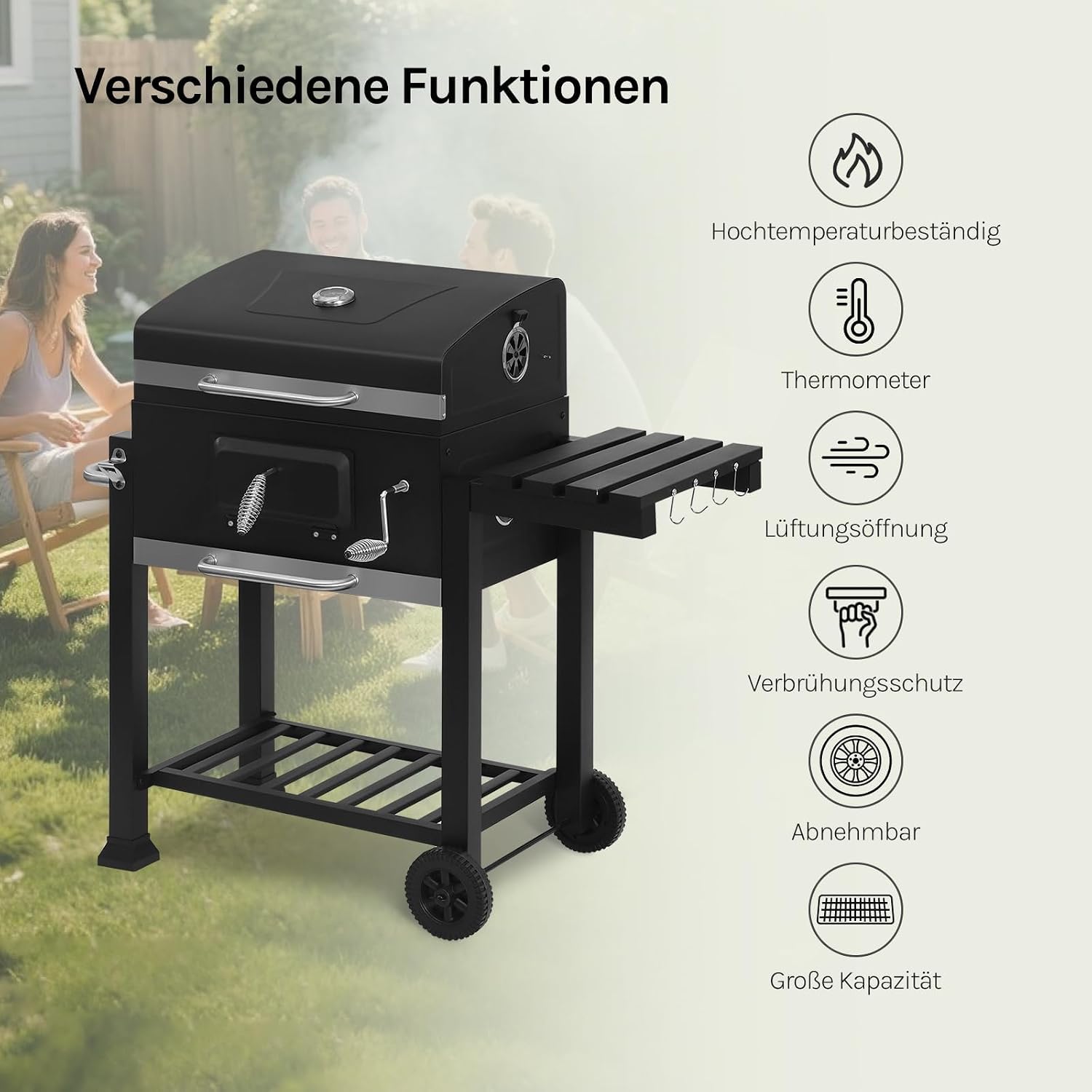WOLTU Holzkohlegrill mit Deckel, große Grillfläche, variable Kohlewanne, Smoker Grill BBQ mit Grillrost, Thermometer, Grillwagen für Camping, 117 x 107 x 71 cm, Schwarz – Bild 8