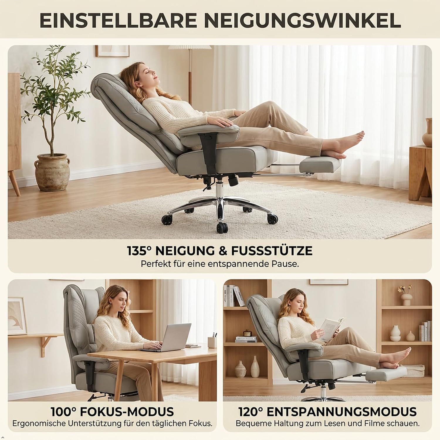 EXCEBET Chefsessel Bürostuhl Ergonomisch 200kg, Schreibtischstuhl mit Fußstütze und 14cm Taschenfederkern, Hochlehner aus Kratzfestem PU Leder, Drehstuhl mit Höhenverstellbaren Armlehnen (Hellgrau) – Bild 4