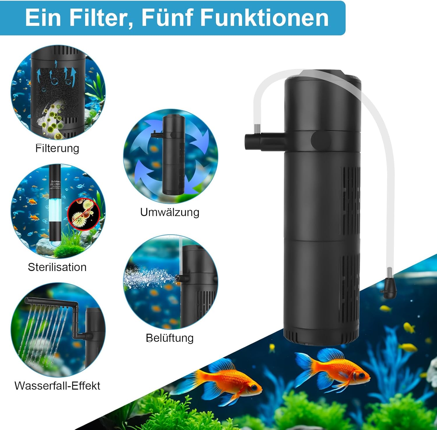 Aquarium Innenfilter mit UV-Sterilisator & Timer, 5-in-1 Filterpumpe mit Belüftung & Regendusche, 500 L/H, Leise, für Süß- & Meerwasser, geeignet für 50–125L Aquarien – Bild 3
