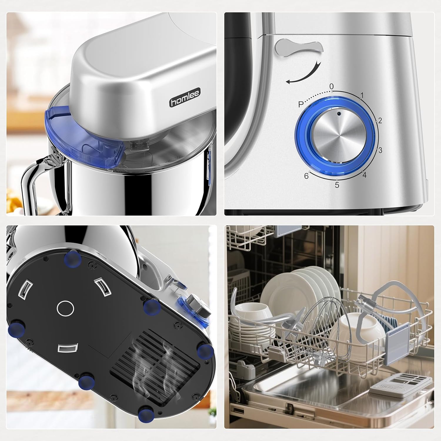 Homlee Küchenmaschine,2000W Knetmaschine Mit Knet- Und RüHrfunktion Leistungsstarke Mit GroßEr 7.2 Liter EdelstahlschüSse Inkl. RüHraufsatz, Knethaken & Schneebesen,Spritzschu – Bild 5