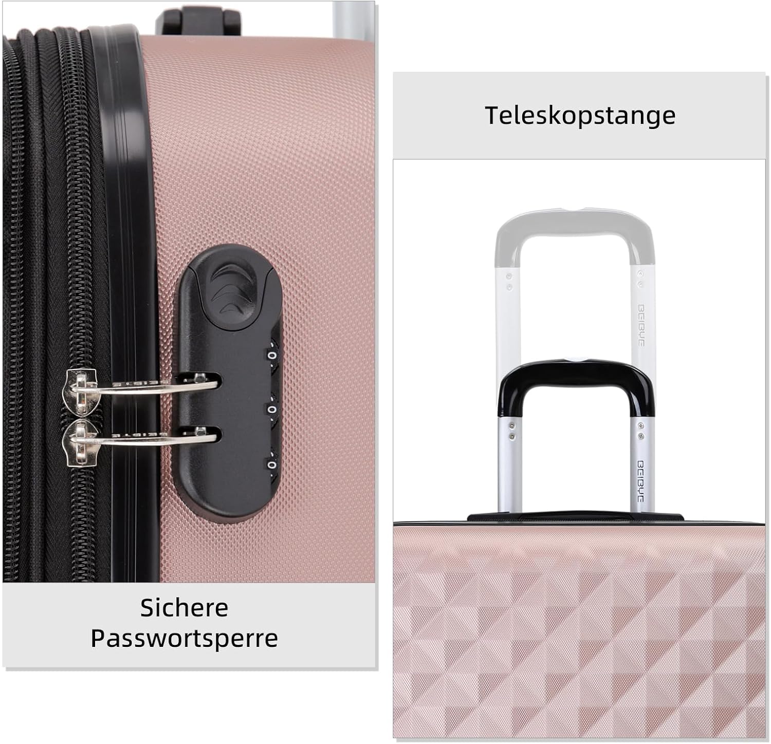 BEIBYE Zwillingsrollen 2066 Hartschale Trolley Koffer Reisekoffer Gepäck M-L-XL-Set (Rosa Gold, M) – Bild 7