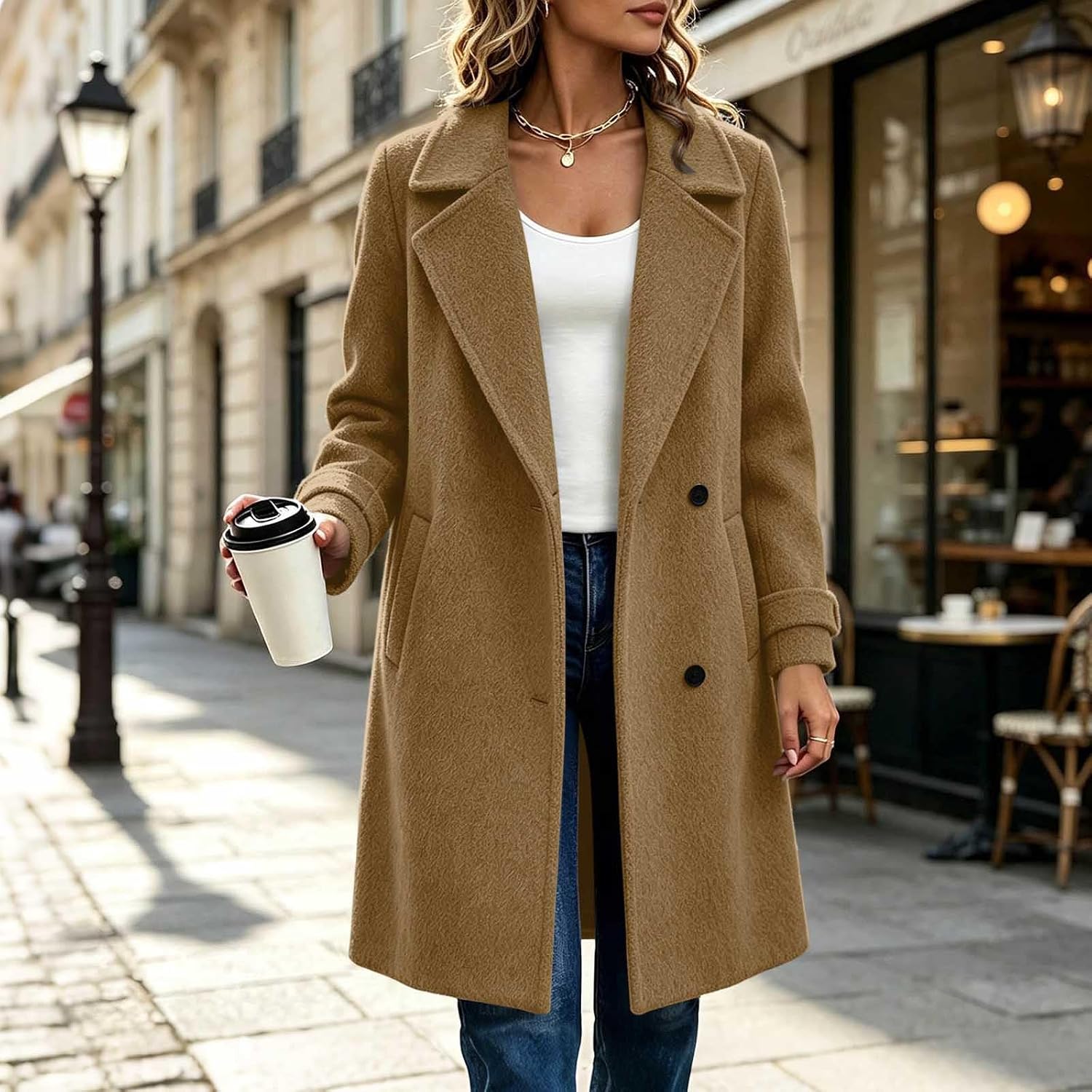 Wollmantel Damen Klassisch Zweireiher Mantel Langjacke Herbst Büro – Bild 2