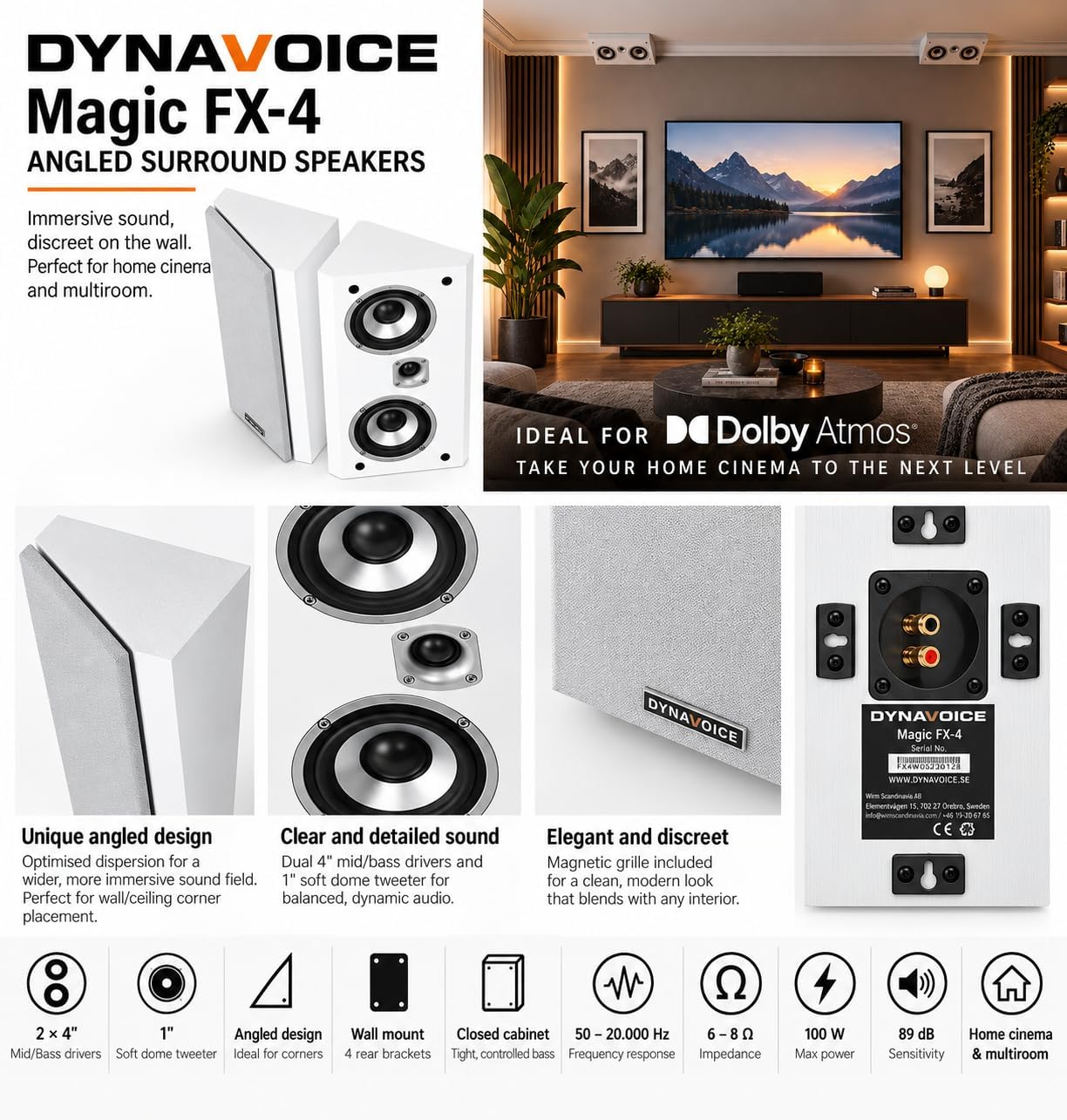 Dynavoice Magic FX-4 Weiß – Surround Lautsprecher für Heimkino (Paar), Wand- oder Deckenmontage, Kompatibel mit Dolby Atmos. – Bild 3