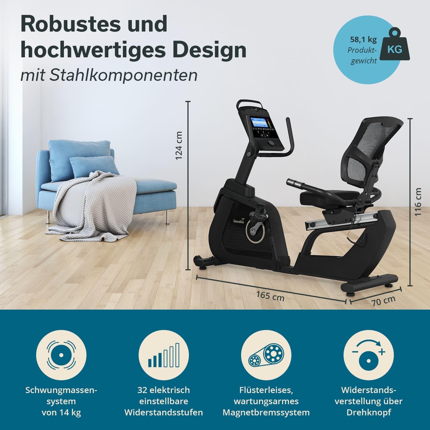 Skandika Liege-Ergometer P14 Comfort | Heimtrainer Fahrrad mit 32 Widerstandsstufen, bis 150 kg und 190 cm, Bluetooth, App-Konnektivität, leise, LCD-Display | Ergometer, Fitnessbike für zuhause – Bild 6