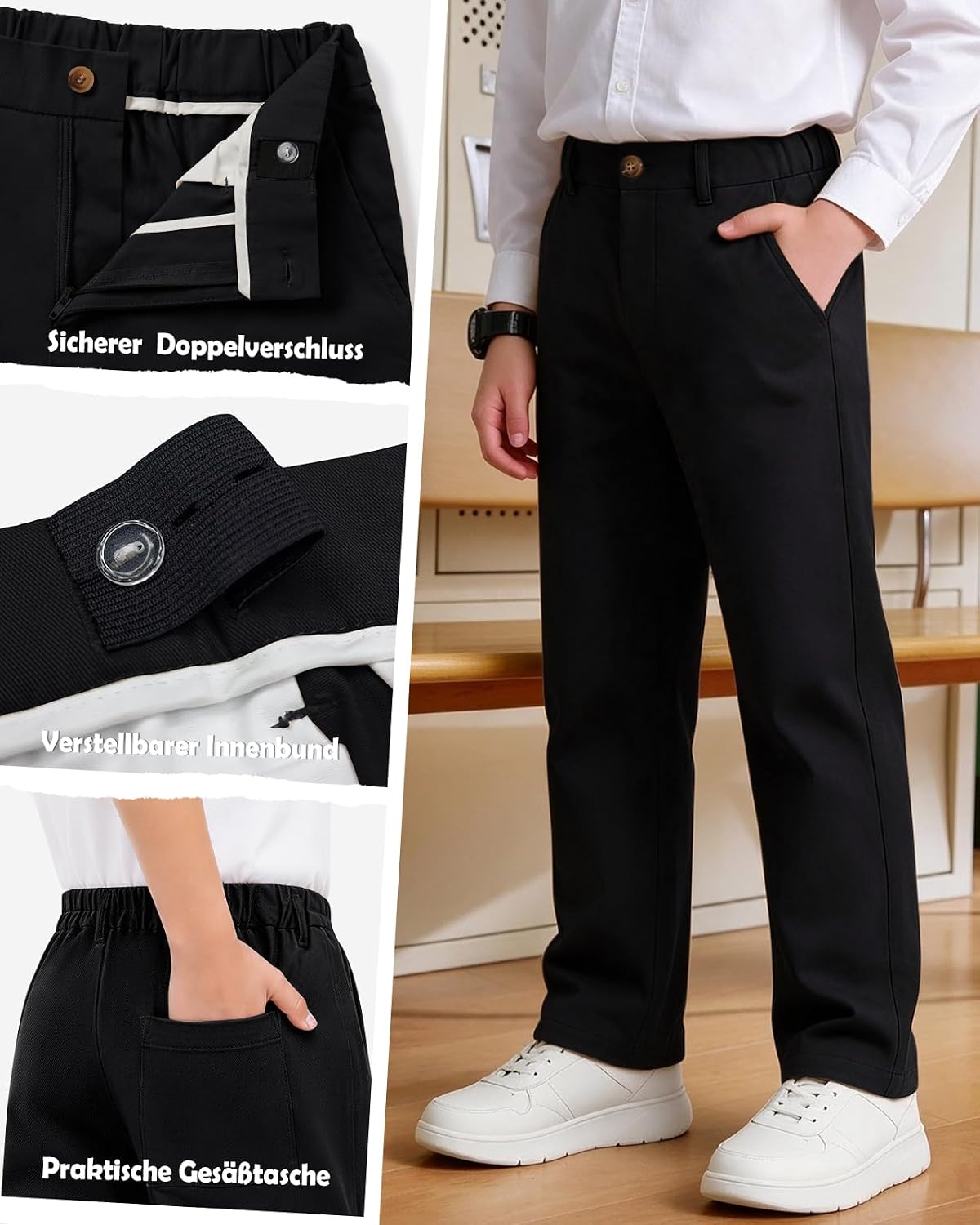 HMIYA Hose für Jungen Baumwolle Chinohose Verstellbar Bund Kinder Stoffhose – Bild 3