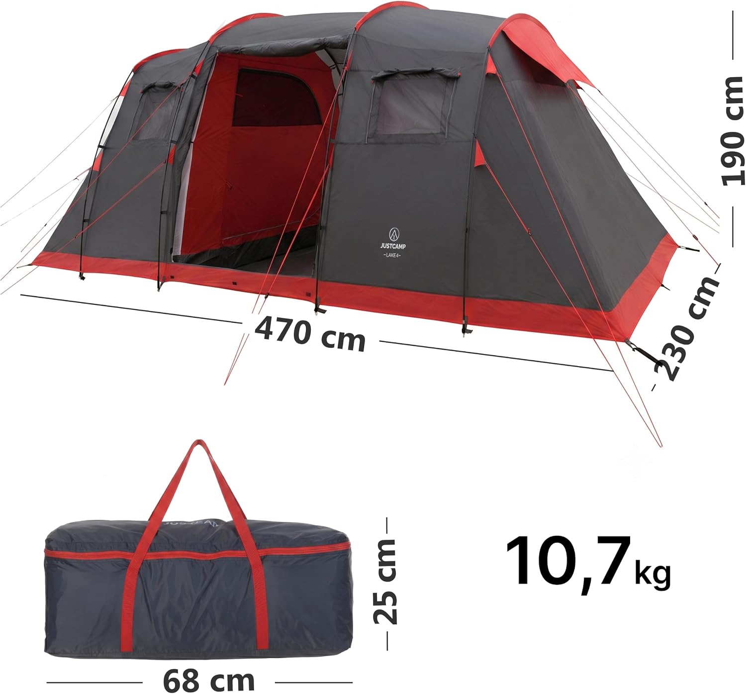JUSTCAMP Lake Familienzelt für 4 Personen - wasserdichtes Tunnelzelt mit 2 Schlafkabinen, großem Vorraum & Stehhöhe - Campingzelt mit eingenähtem Boden, Moskitonetz und 2 Eingängen – Bild 3
