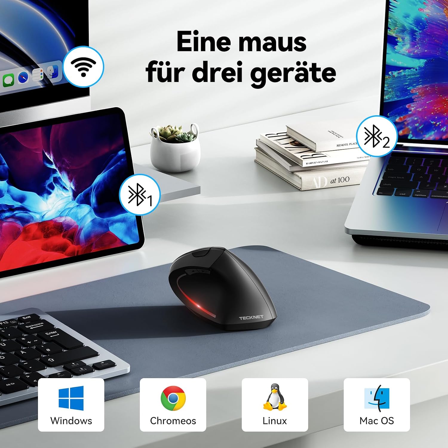 TECKNET Ergonomische Maus, Kabellose Bluetooth Vertikale Maus(BT 5.0+BT 3.0+2.4G), 6 Einstellstufen bis 4800 DPI, Optisch Leise Wireless Mouse für Laptop/PC/Mac/Tablet/iPad(Win/Android/iOS), 6 Tasten – Bild 3