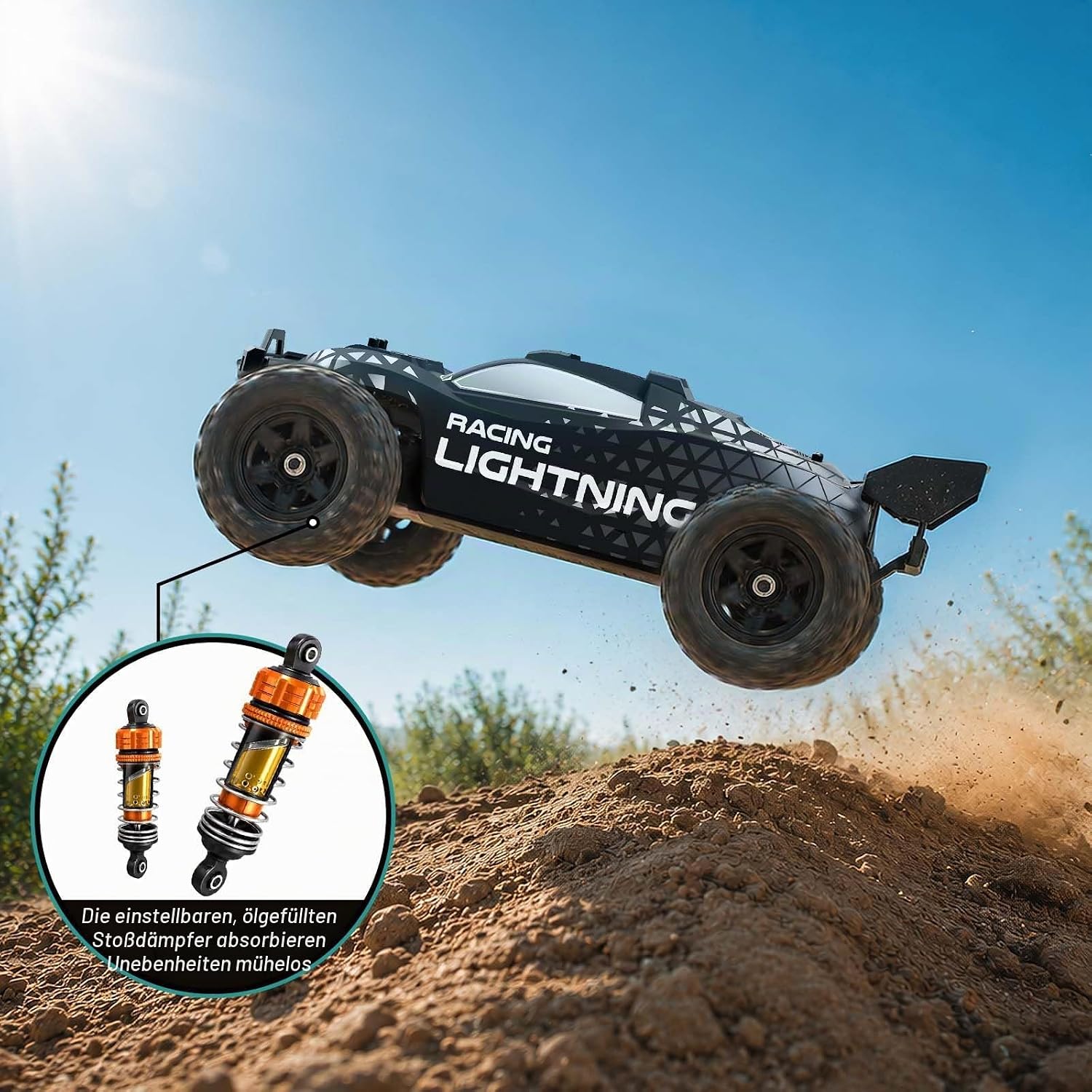 Ferngesteuertes Auto 1:18 Brushless 4WD RC Auto 52 km/h für Erwachsene & Jungen ab 10 Jahren, Offroad RC Auto mit Vollmetall-Antrieb, ölgefüllten Stoßdämpfern, 2 Akkus & 2 Karosserien – Bild 5