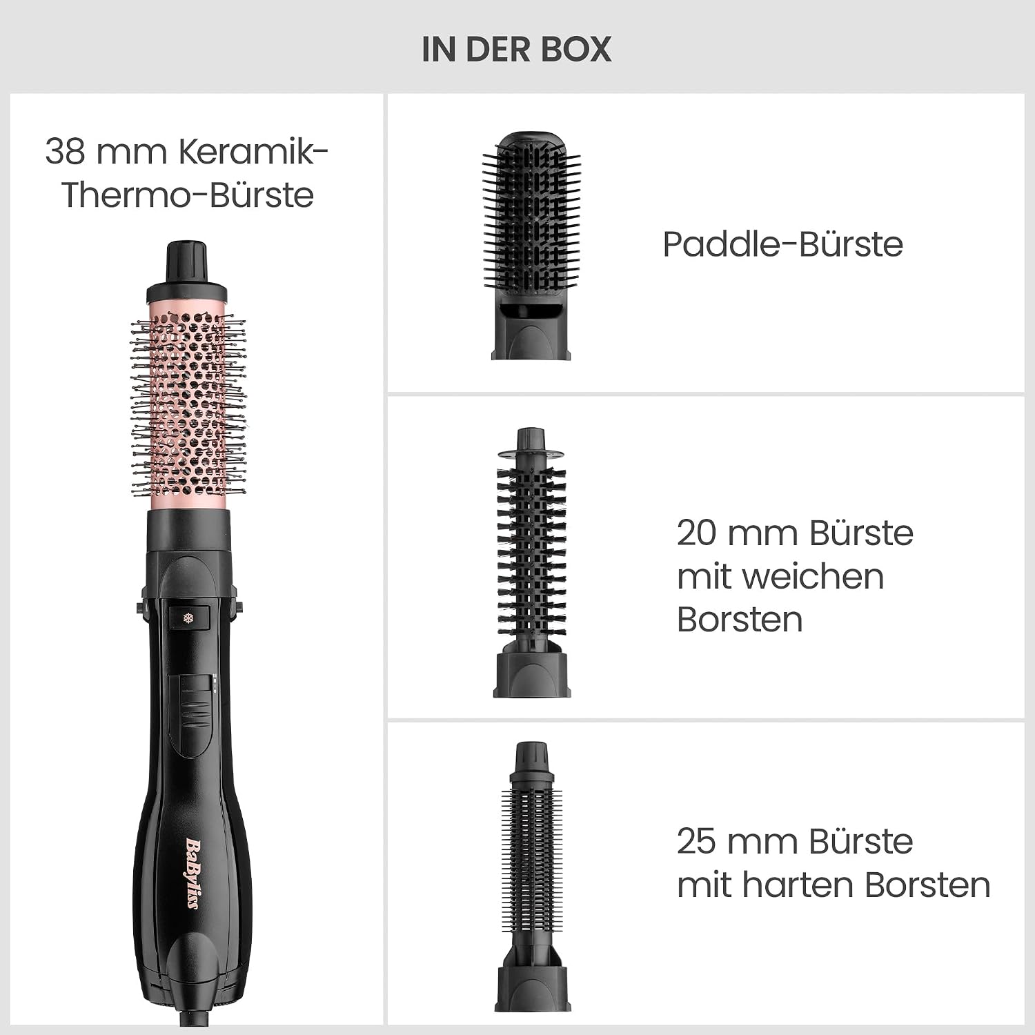 BaByliss Smooth Finish 1200 – 4‑in‑1 Warmluftbürste zum Trocknen, Formen, Glätten & Volumenstyling, Ionen‑ & Keramiktechnologie, 4 Aufsätze, 1200W, Schwarz/Pink, AS122E – Bild 10