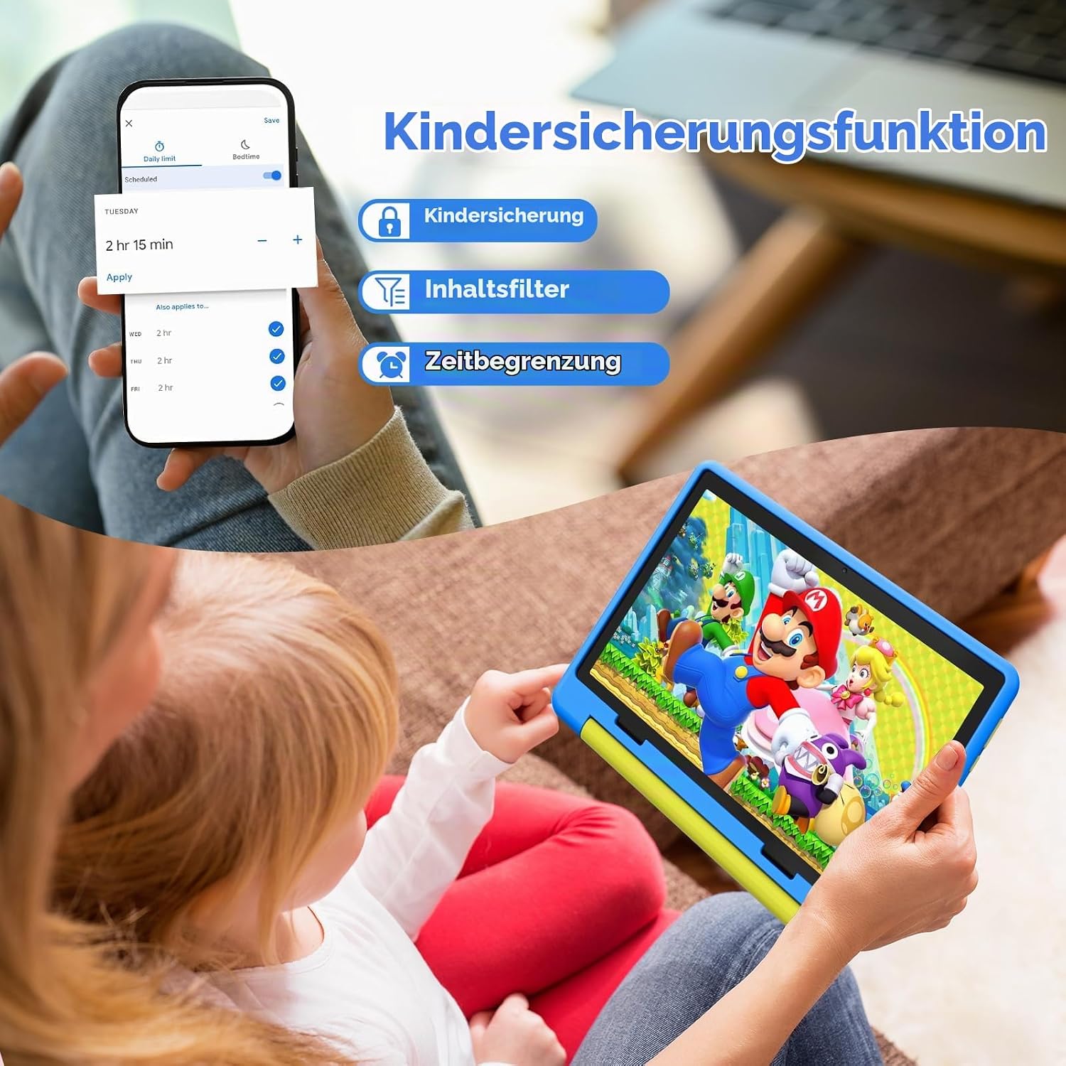 Kinder Tablet 10 Zoll, Android Tablet für Kinder mit 20 GB RAM+64GB ROM(TF 1TB), Octa Core, Wi-Fi 6G, Widevine L1, 5000mAh, Type-C, Sturzsicherer Schutzhülle Blau – Bild 5