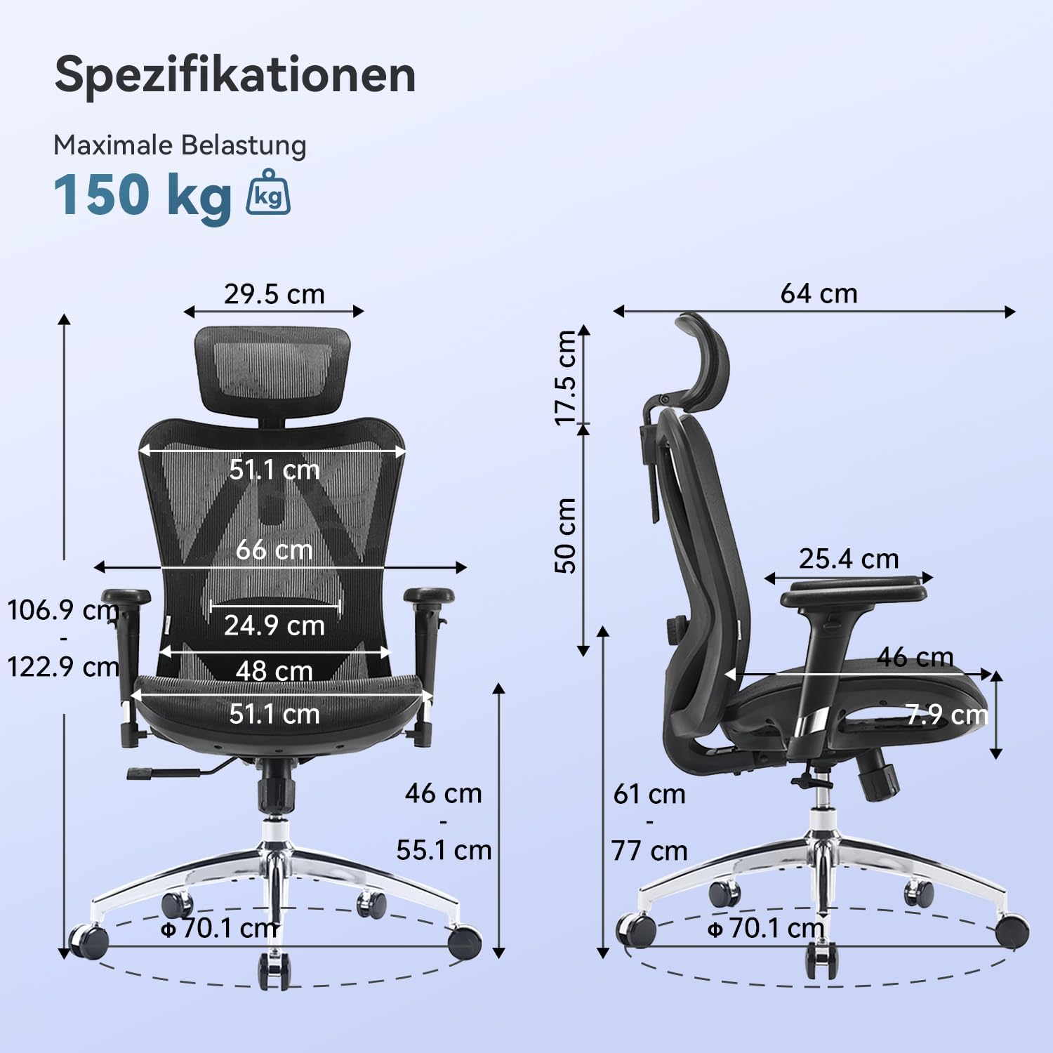 SIHOO M57 Ergonomischer Bürostuhl, Chefsessel mit 3D verstellbare Armlehne und Lendenwirbelstütze, Hautfreundliche Netz-Hochlehne, Schreibtischstuhl bis 150kg/330LB Belastbar(schwarz) – Bild 3