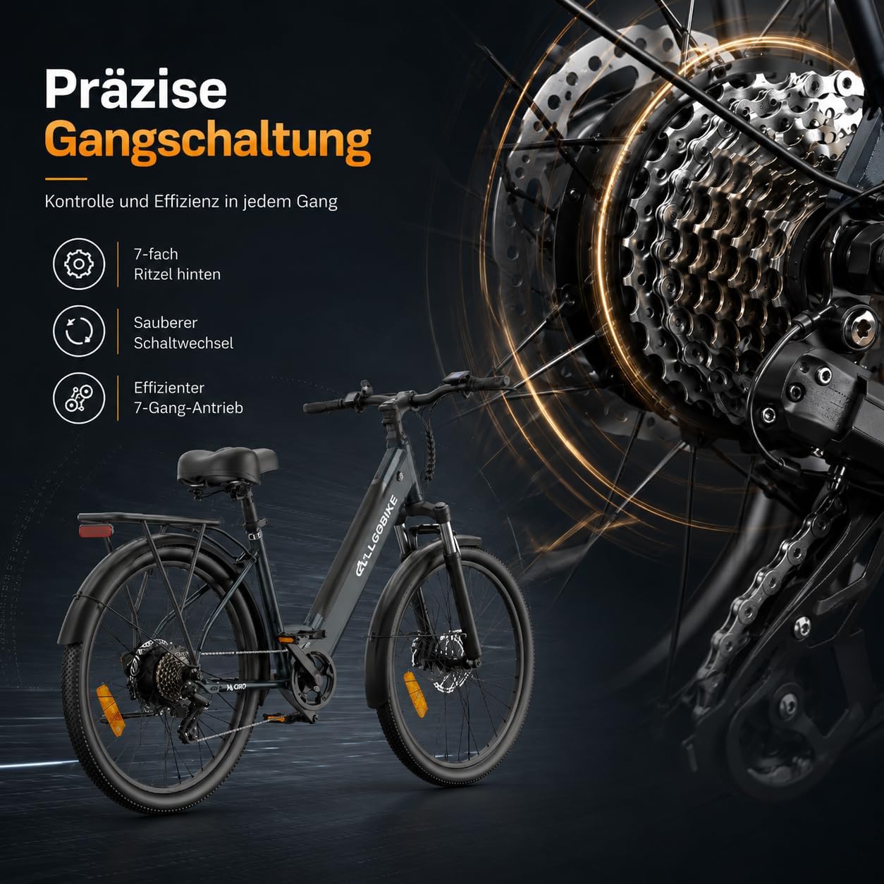 AM27 Elektrofahrrad 27,5 Zoll E-Bike für Damen und Herren 250W Motor 36V 15Ah Akku 25 km/h 7-Gang-Schaltung 3 Unterstützungsstufen Scheibenbremsen LED-Beleuchtung – Bild 4