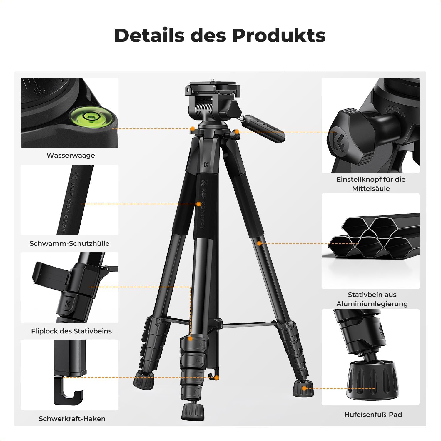 K&F CONCEPT Aluminium Kamera Stativ, 190cm leicht Stativ mit Tasche – Bild 9