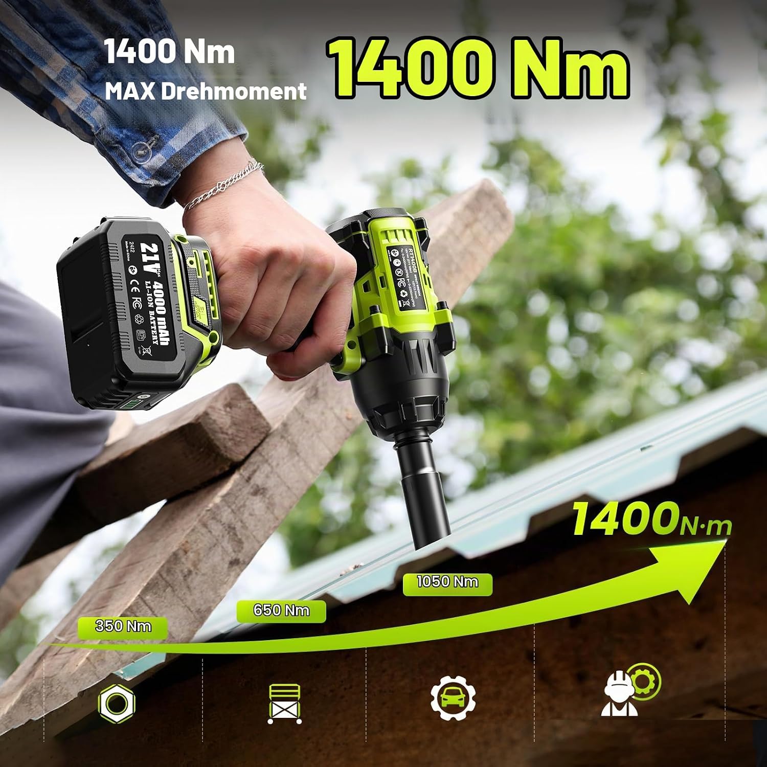 Robustrue 1400N.m Akku Schlagschrauber 1/2 Zoll, Bürstenloser Hochdrehmoment Schlagschrauber, 2400 U/min, 2×4,0Ah Akkus, Schnellladegerät, Für LKW, Wohnmobil, Rasenmäher – Bild 2