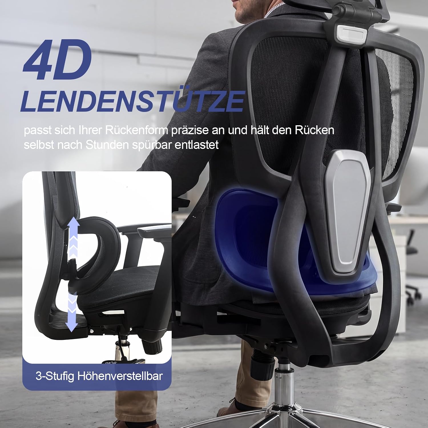 Bürostuhl Ergonomisch, Schreibtischstuhl mit Automatischer Lendenstütze (2-Fach höhenverstellbar), 4D-Kopfstütze, 4D-Armlehnen, Atmungsaktives Mesh, Drehstuhl bis 150 kg für Home Office & Büro – Bild 5