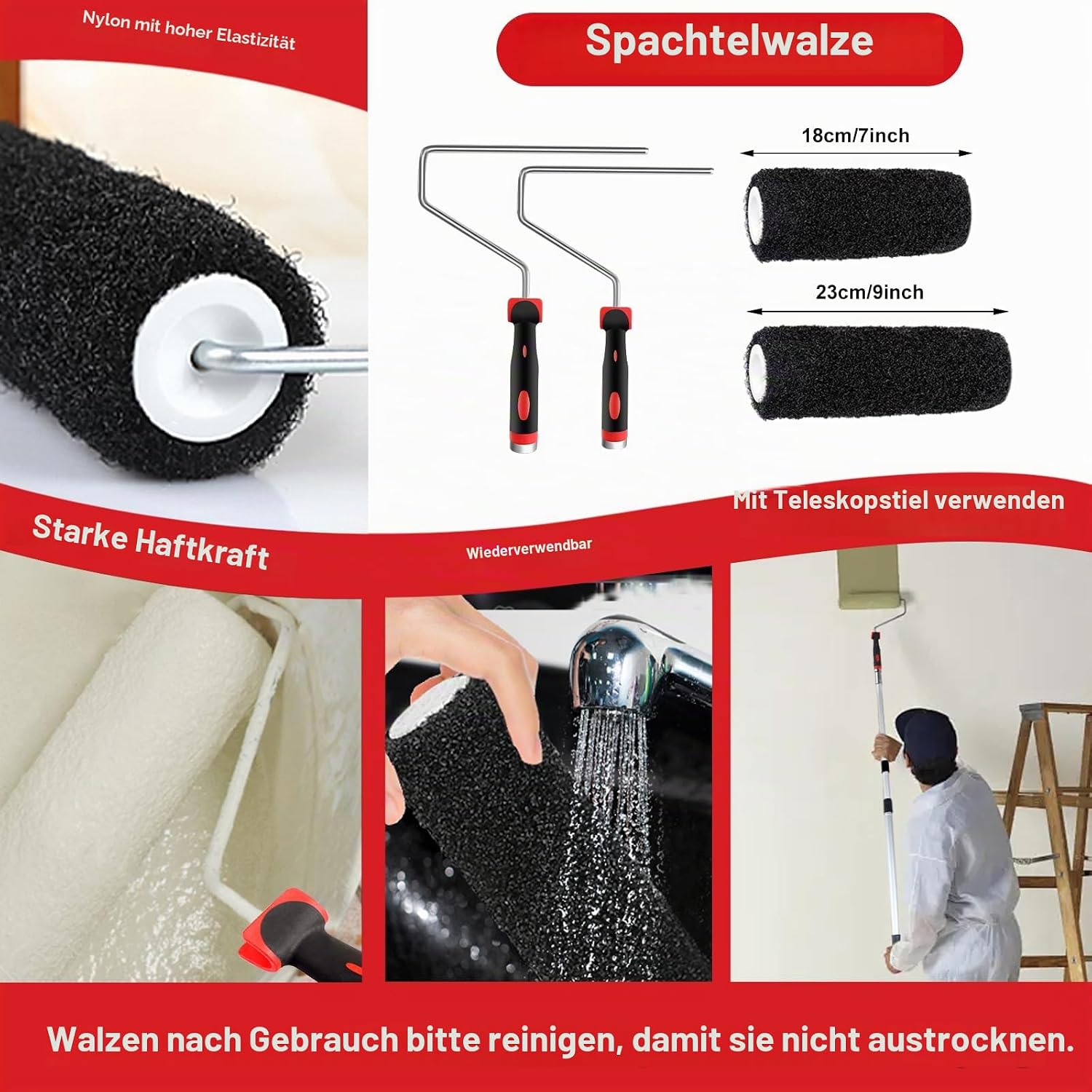 suokoun Trockenbau-Klingen-Set mit Koffer, 25 cm, 40cm, 60cm und 80cm, Edelstahl-Klingen, Verbundrollen, 70 cm - 155 cm Verlängerungsgriff, Spachtelmesser und Bogenschaber für – Bild 3