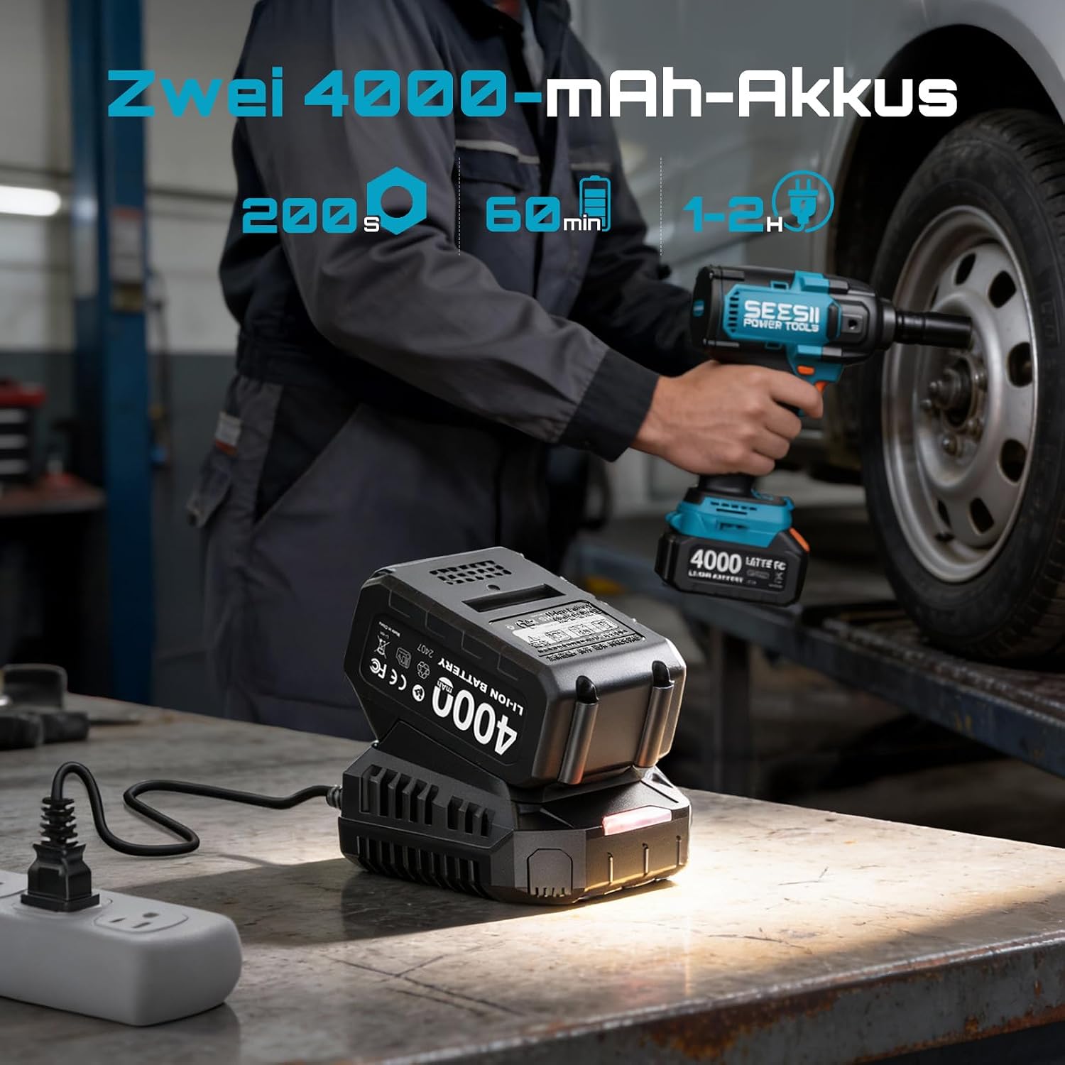 Seesii Akku Schlagschrauber 1600Nm, 1/2" Hochleistungs Drehschlagschrauber mit abnehmbarem Griff, 21V Akkuschlagschrauber & 2×4,0Ah Batterien für Auto, Pickup, Rasenmäher, Industriearbeiten – Bild 5