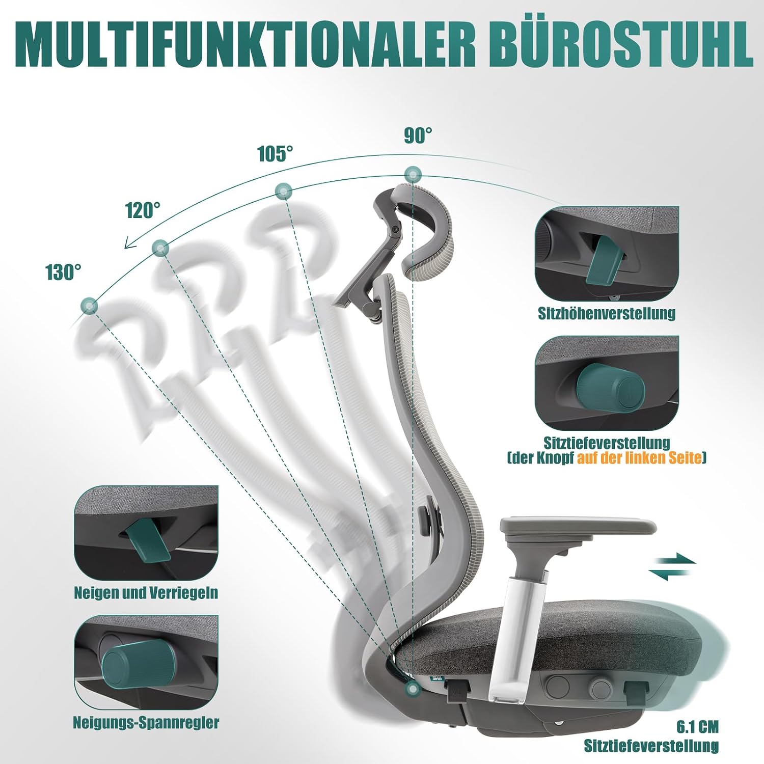 COLAMY XK Atlas Ergonomischer Netz-Bürostuhl, Chefsessel mit hoher Rückenlehne, Verstellbarer Kopfstütze und 4D-Armen, Schiebesitz, Kippsperre, Aluminium-Basis, Dunkelgrau – Bild 5