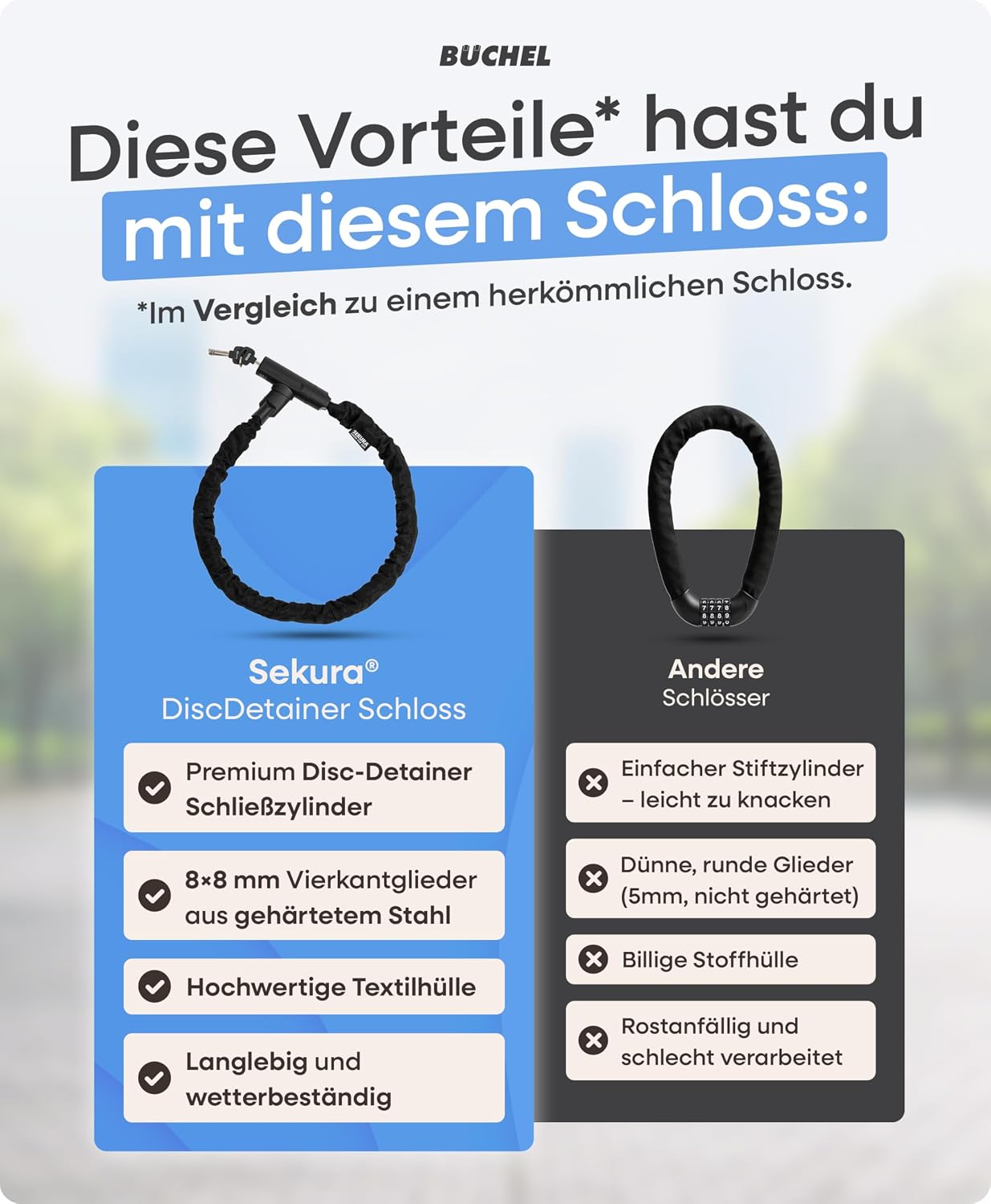 BÜCHEL Sekura Fahrradschloss Hohe Sicherheit - 90 cm Bike Lock mit Disc Detainer Lock aus 8 mm gehärtetem Stahl - Kettenschloss E-Bike, Fahrräder, Roller & Co für Stadt Schule Arbeit Freizeit (110 cm) – Bild 7