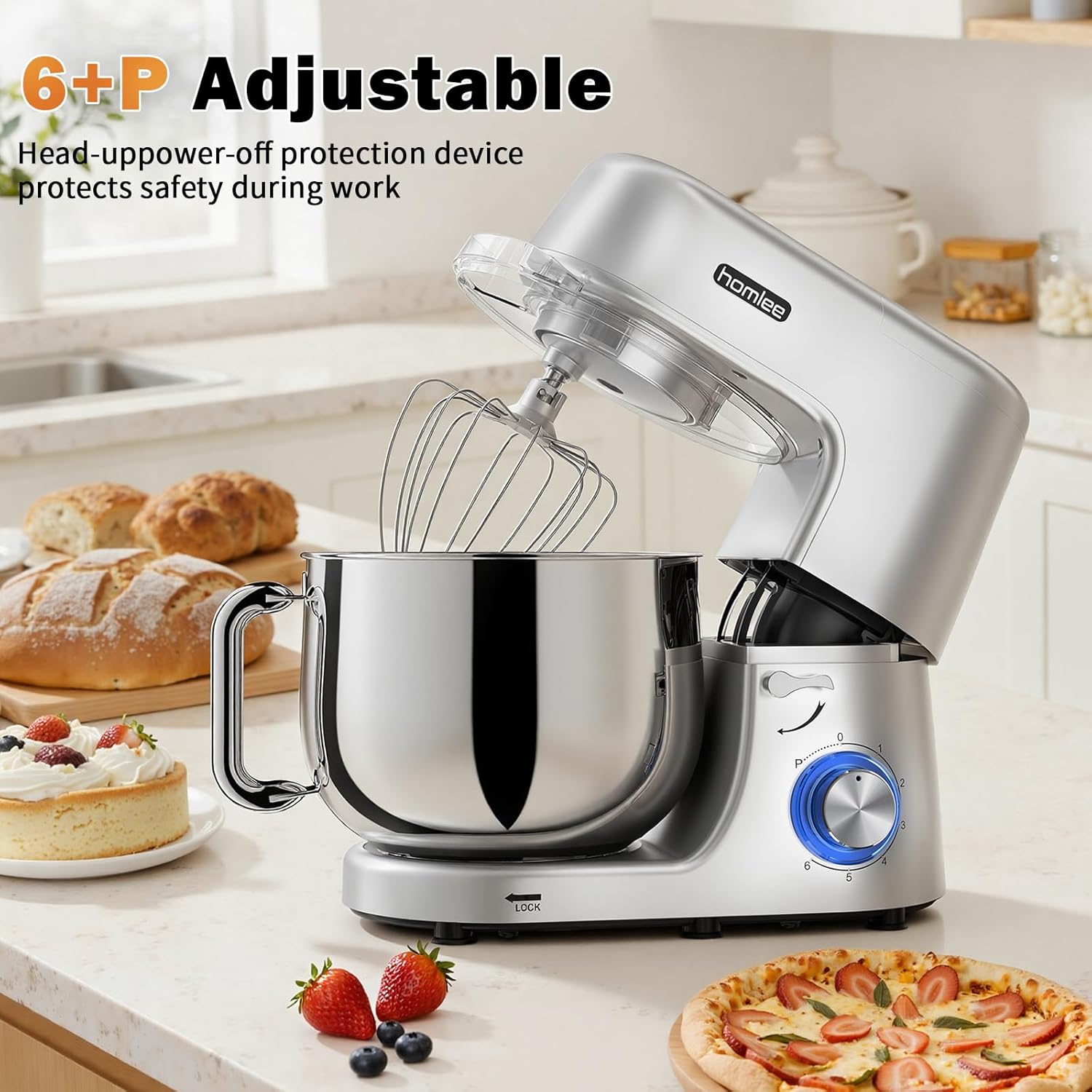 Homlee Küchenmaschine,2000W Knetmaschine Mit Knet- Und RüHrfunktion Leistungsstarke Mit GroßEr 7.2 Liter EdelstahlschüSse Inkl. RüHraufsatz, Knethaken & Schneebesen,Spritzschu – Bild 4