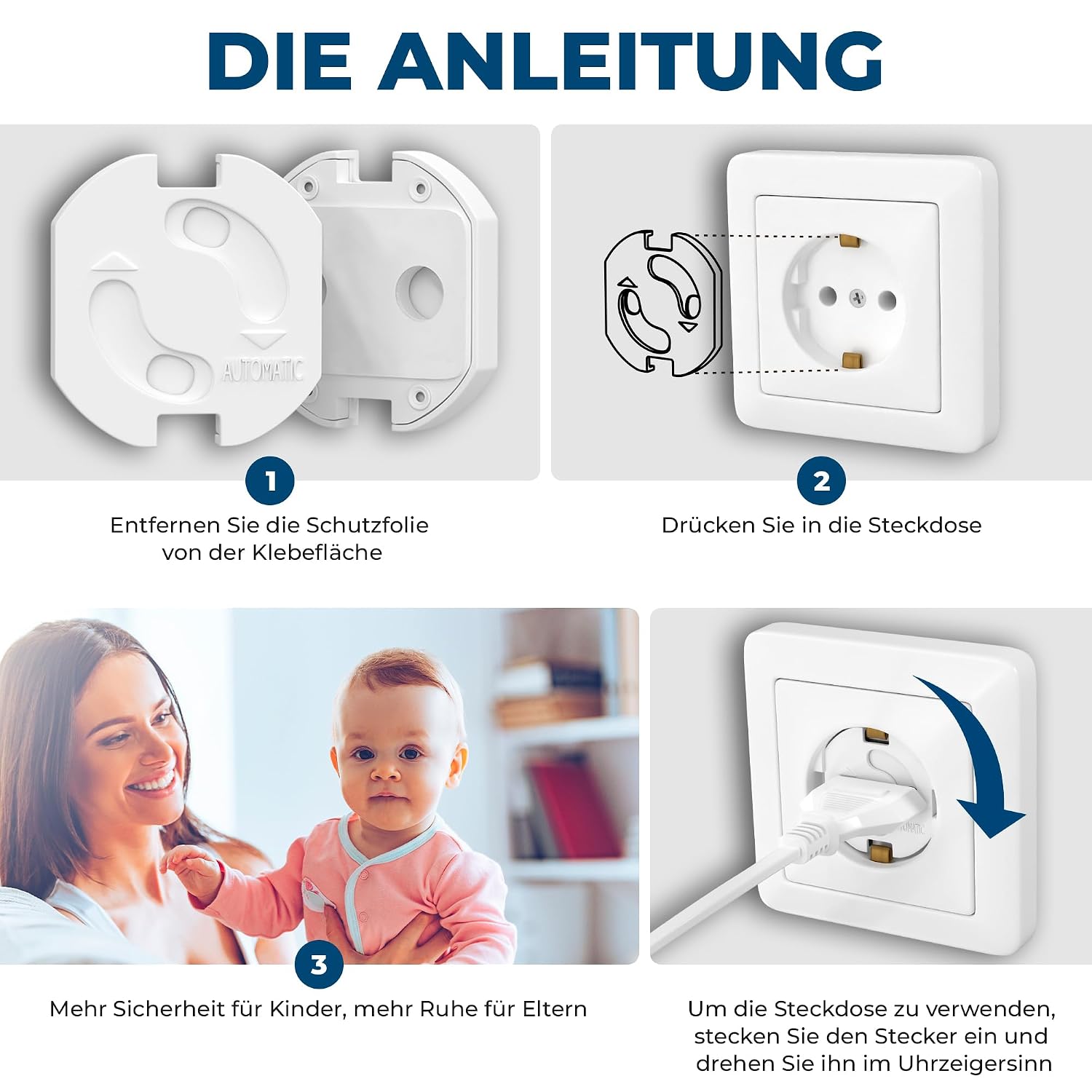 Hoffenbach 20x Steckdosen Kindersicherung – Steckdosensicherung mit Drehmechanik – Schutz für Babys & Kinder – Steckdosenschutz verhindert Unfälle & Stromschläge – Steckdose Kinderschutz – Weiß – Bild 5