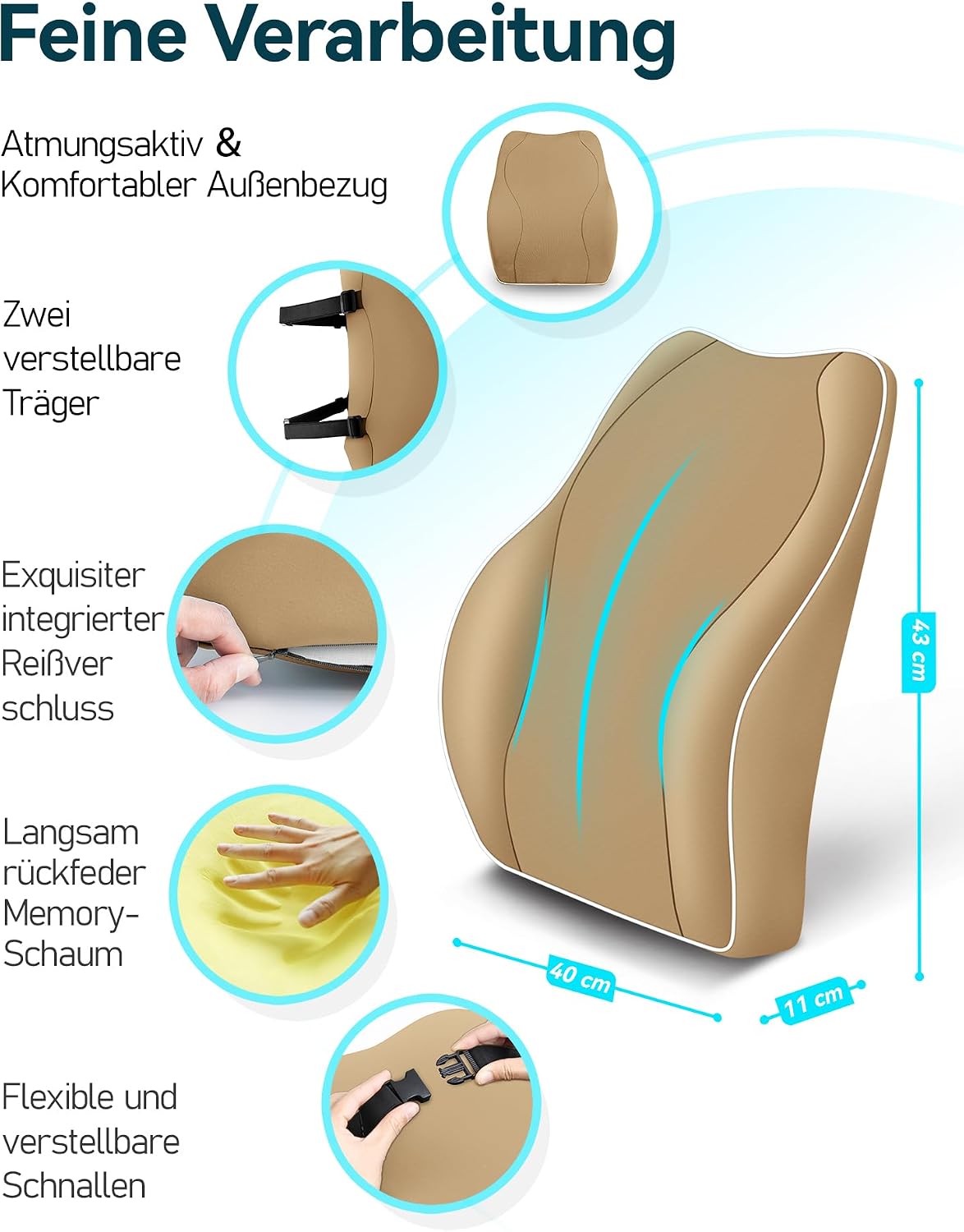 Travel Ease Ergonomisches RückenKissen aus Memory Foam, Lendenkissen für Bürostuhl, Schreibtischstuhl, mit Antistatischem, hautfreundlichem Bezug und für eine Bequeme Sitzhaltung (Khaki) – Bild 5