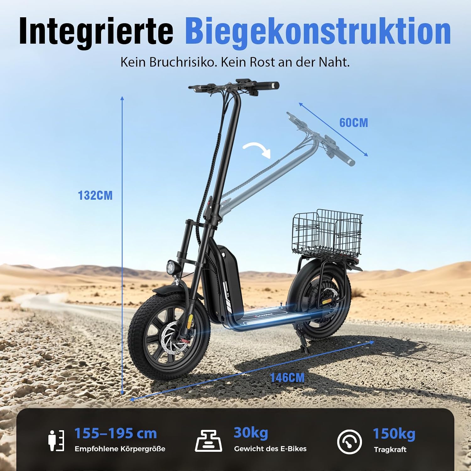 iScooter E Scooter mit Straßenzulassung für Erwachsene mit 16*3 Zoll Fat Winterreifen, 70-80km Reichweite ABE Faltbarer Elektroroller, Herausnehmbarer Akku, Korb, Stoßdämpfung, 150 kg Tragkraft, App – Bild 8