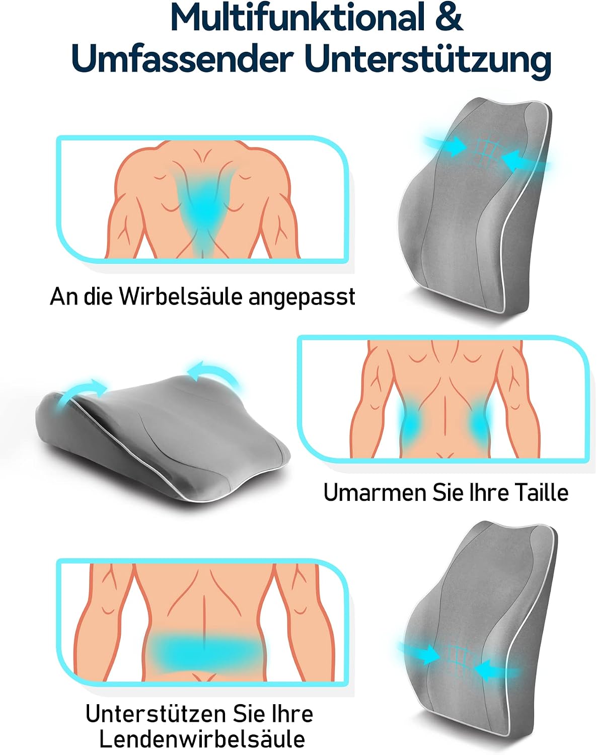 Travel Ease Ergonomisches RückenKissen aus Memory Foam, Lendenkissen für Bürostuhl, Schreibtischstuhl, mit Antistatischem, hautfreundlichem Bezug und für eine Bequeme Sitzhaltung (Grau) – Bild 4