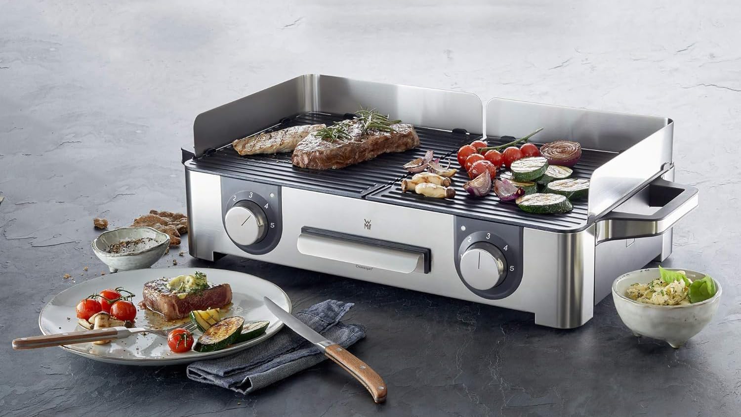 WMF Lono Master-Grill, Elektrogrill, 50x28 cm, Elektrogrill Tischgrill mit Windschutz und Auffangschale, Outdoorzertifiziert für Barbecue, 2 getrennt regulierbare Grillflächen, 2400 W, edelstahl matt – Bild 15