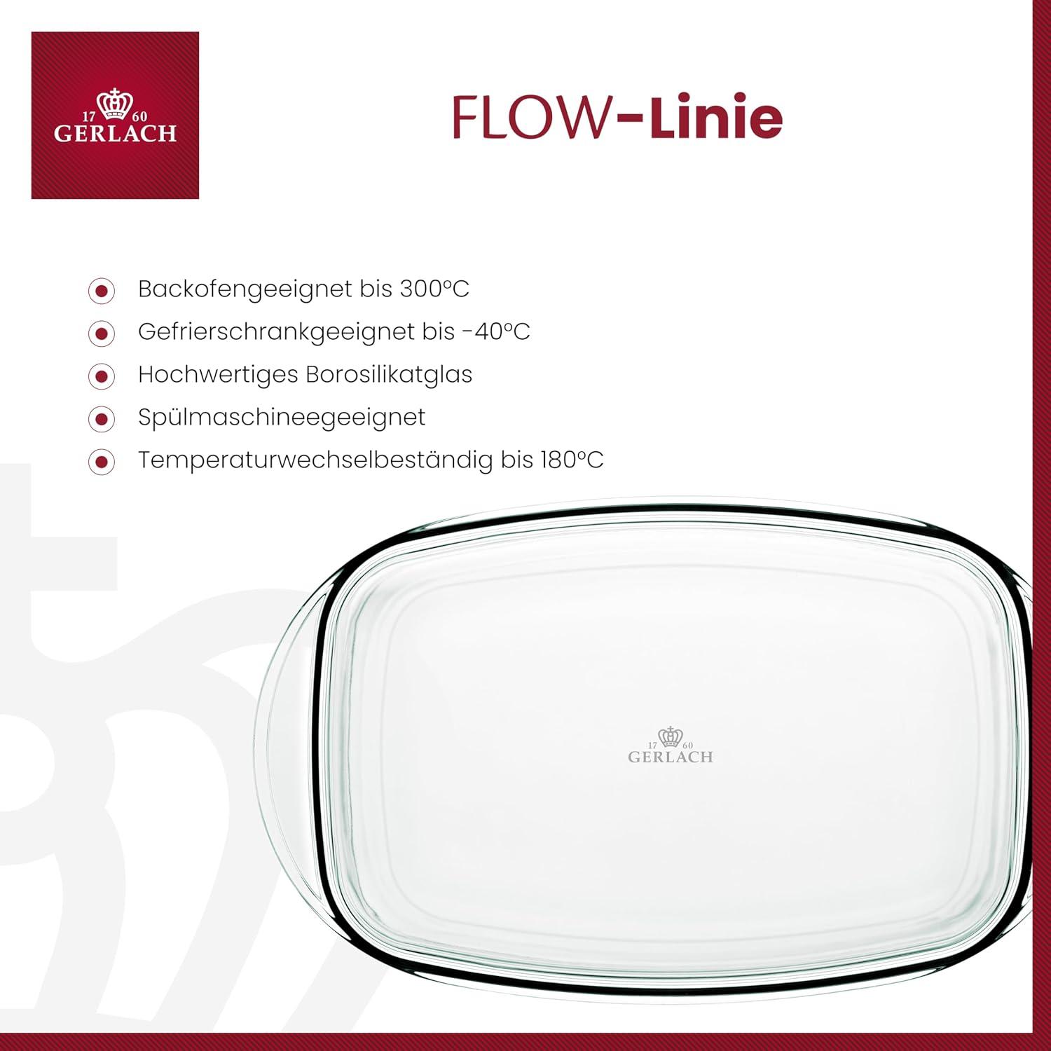 Gerlach 1760 Auflaufform 4,5 l Aus Hitzebeständigem Glas Borosilikatglas Mit Deckel Rechteckig 27 x 18 cm Für Backofen Gefrierfach Flow – Bild 2