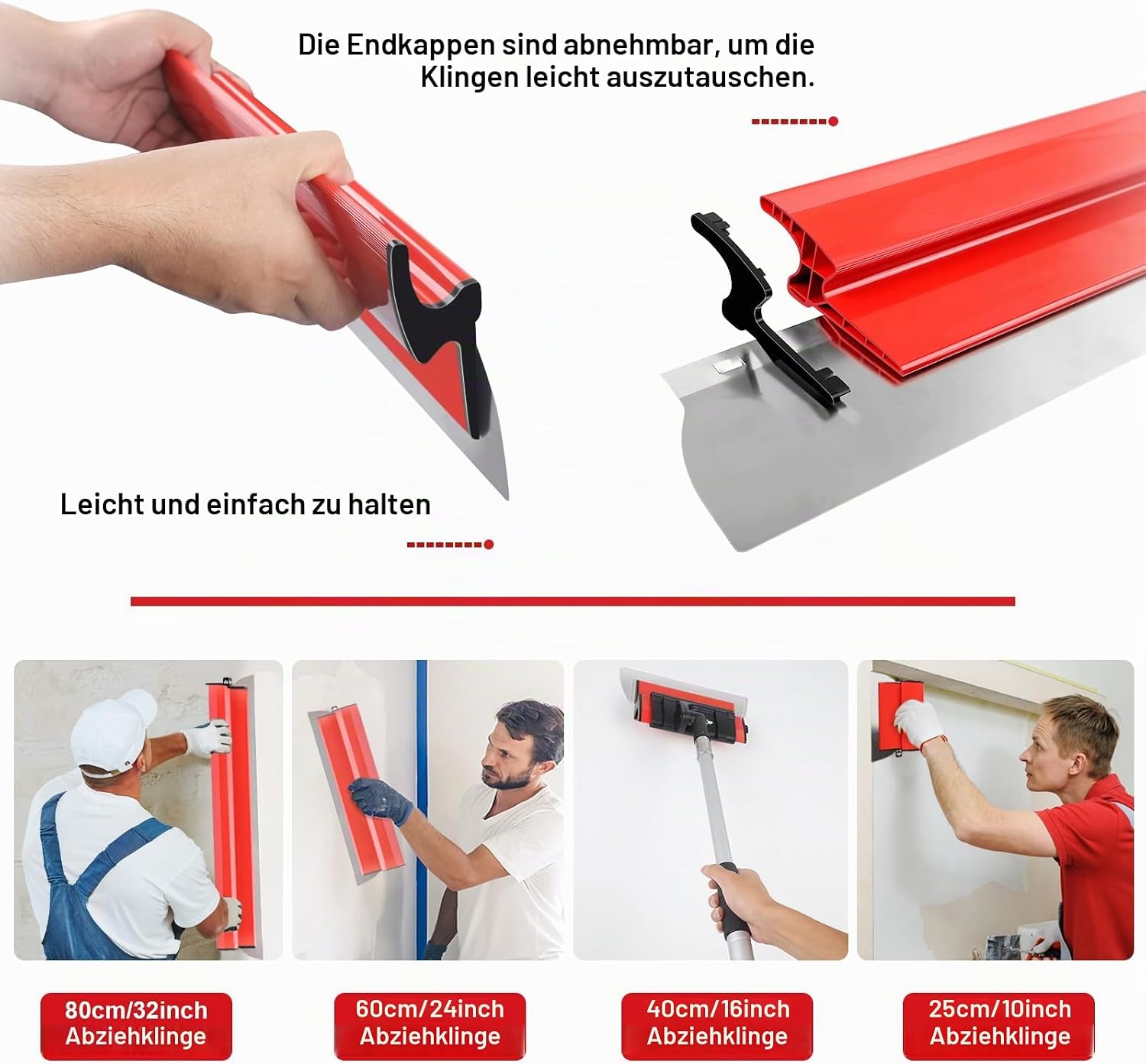 suokoun Trockenbau-Klingen-Set mit Koffer, 25 cm, 40cm, 60cm und 80cm, Edelstahl-Klingen, Verbundrollen, 70 cm - 155 cm Verlängerungsgriff, Spachtelmesser und Bogenschaber für – Bild 7