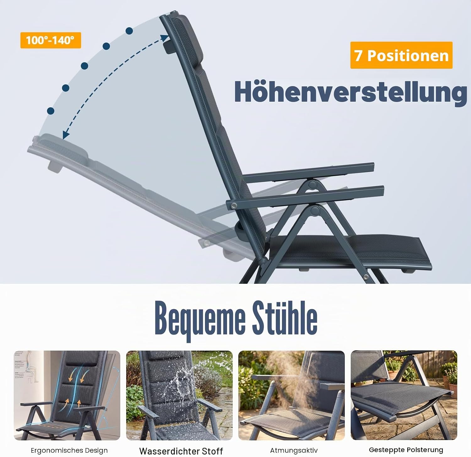 Devoko Gartenmöbel Set 6 stühle mit Tisch, Bestehend aus 1 Aluminiumtisch und 6 Klappstühlen für balkonmöbel. 1 x 150 cm Gartentisch mit Holzmaserung, Terrassenmöbel-Set, Dunkelgrau. – Bild 4