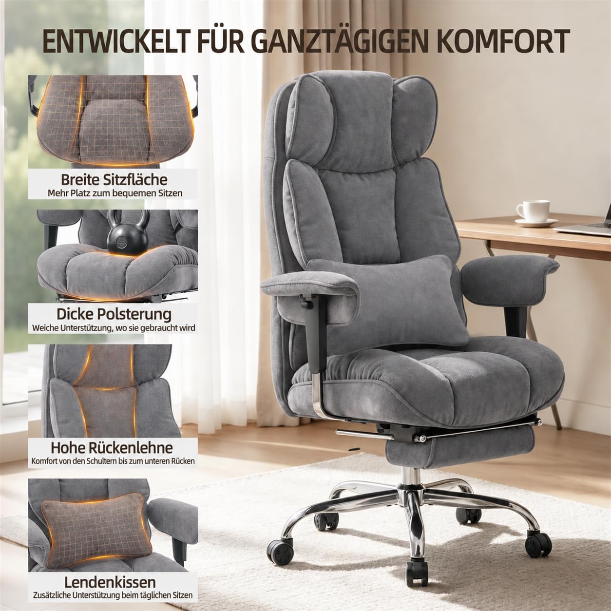 Efomao Bürostuhl, Stoffstuhl Ergonomisch mit Fußstütze, Komfortabler Polsterstuhl bis 200kg mit Lendenkissen & Nackenkissen, Höhenverstellbarer Schreibtischstuhl – Bild 3