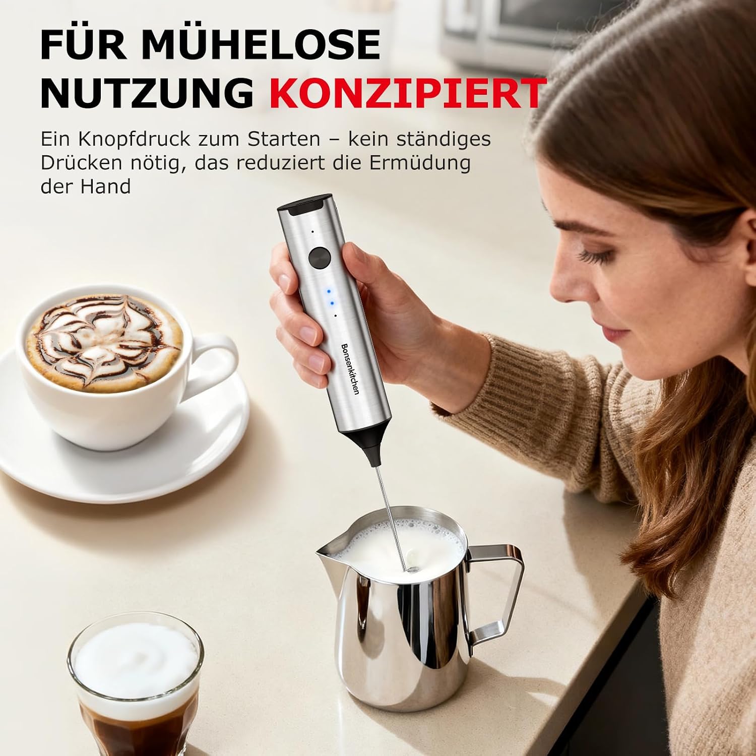 Bonsenkitchen Wiederaufladbarer Milchaufschäumer, 3-Geschwindigkeiten – Bild 7