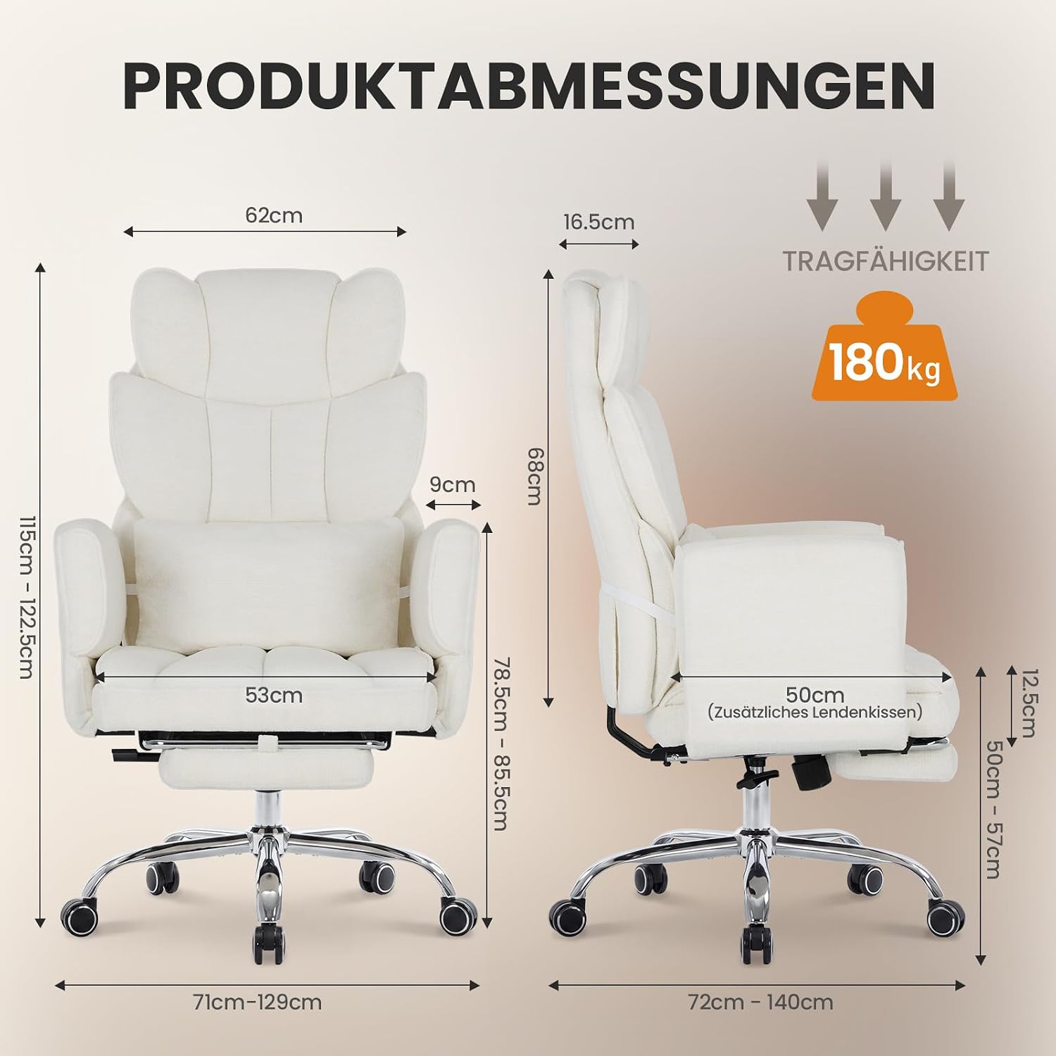 MALOL Ergonomischer Bürostuhl mit Fußstütze, Chefsessel 360° Drehbar, verstellbare Rückenlehne 102°-127°, mit Kopfstütze & Lendenstütze, bis 180 kg belastbar für Home Office & Gaming, Beige – Bild 3