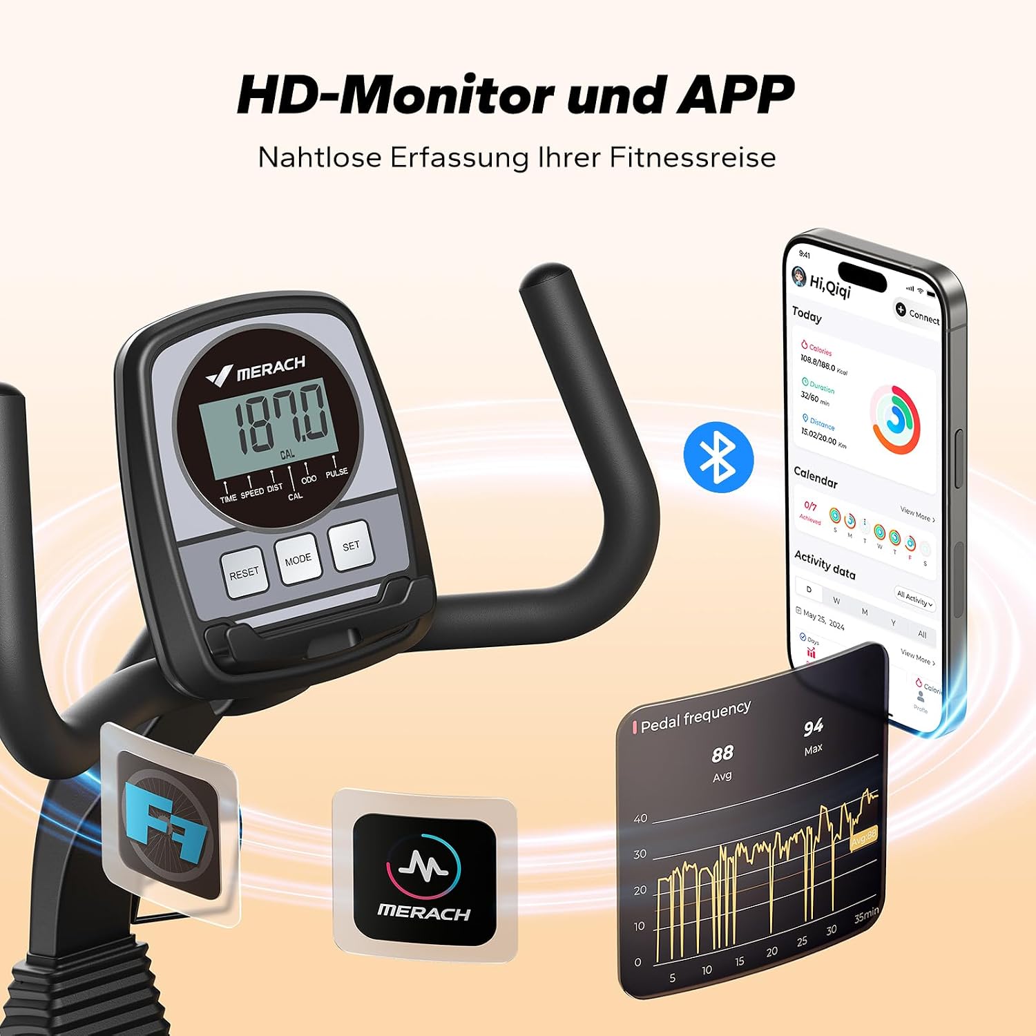 MERACH Liegeergometer für Zuhause mit 8 verstellbaren Widerstandsstufen, leichte kommerzielle Heimtrainer Fahrrad mit Smart Bluetooth, exklusiver App-Konnektivität, LCD-Display, Herzfrequenzsensoren – Bild 8